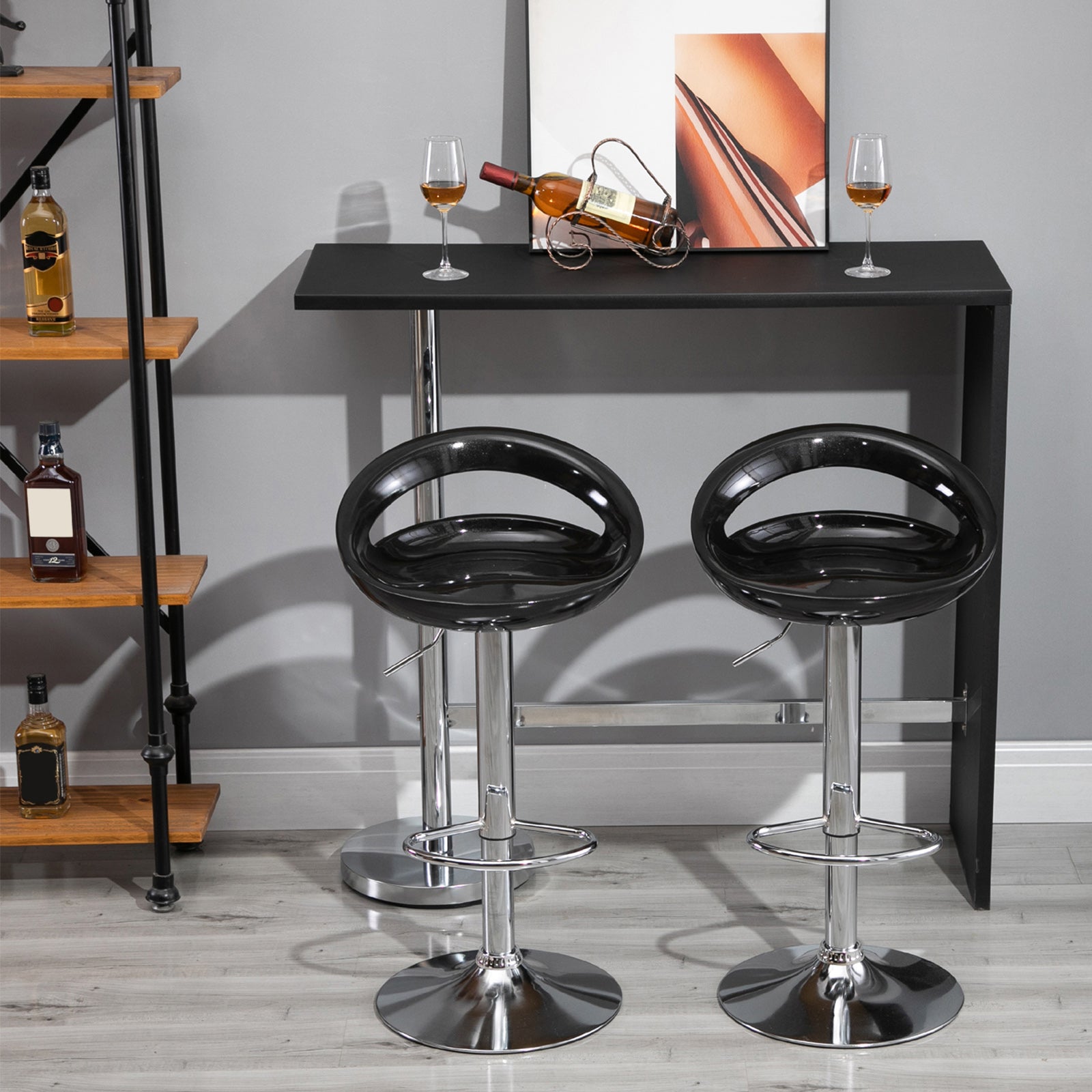 Set of 2 High Bar Stools, 360° Swivel Stools, with Backrest and Footrest, Adjustable Height, Steel Base, for Dining Room and Kitchen, 46x41x76-96cm, Black