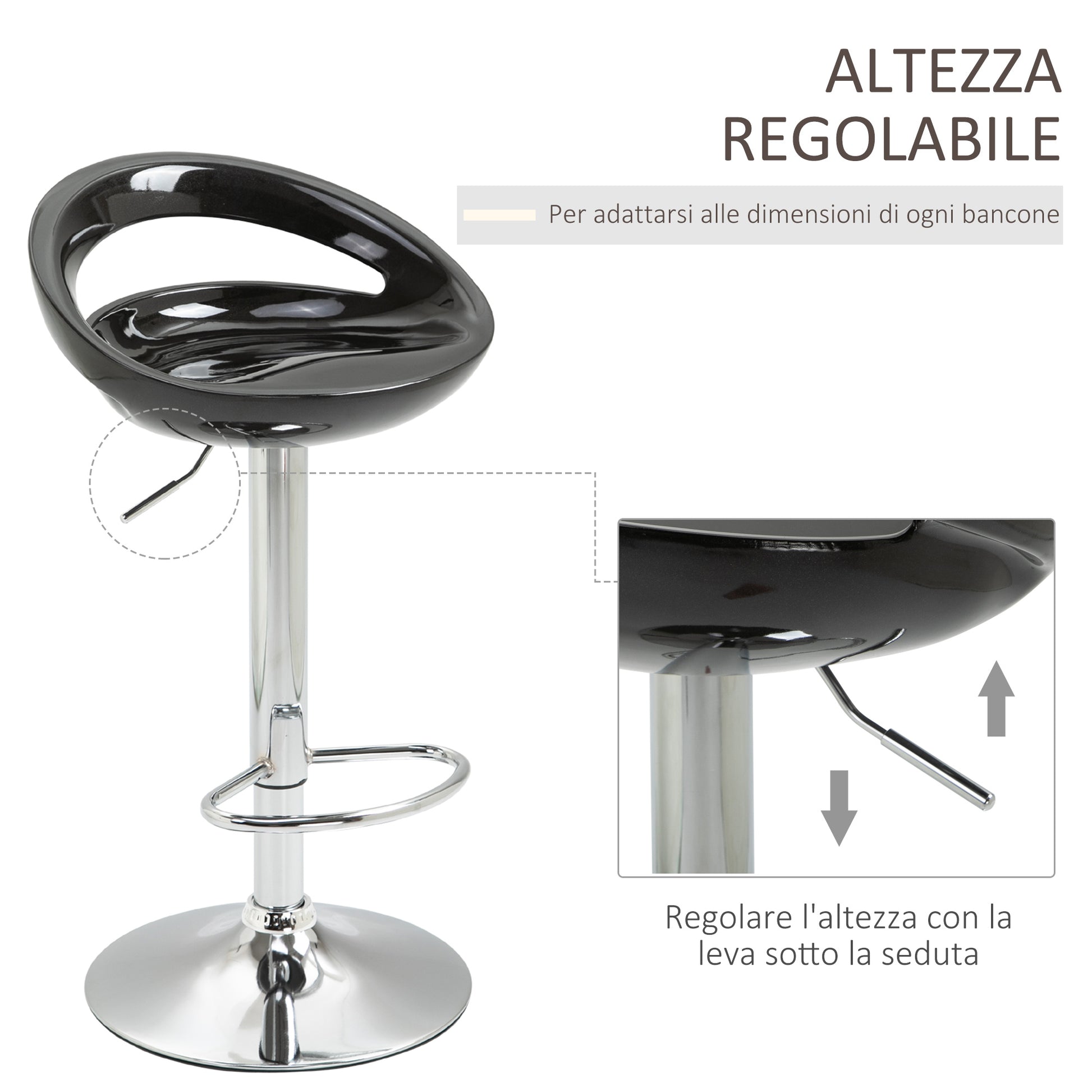 Set of 2 High Bar Stools, 360° Swivel Stools, with Backrest and Footrest, Adjustable Height, Steel Base, for Dining Room and Kitchen, 46x41x76-96cm, Black