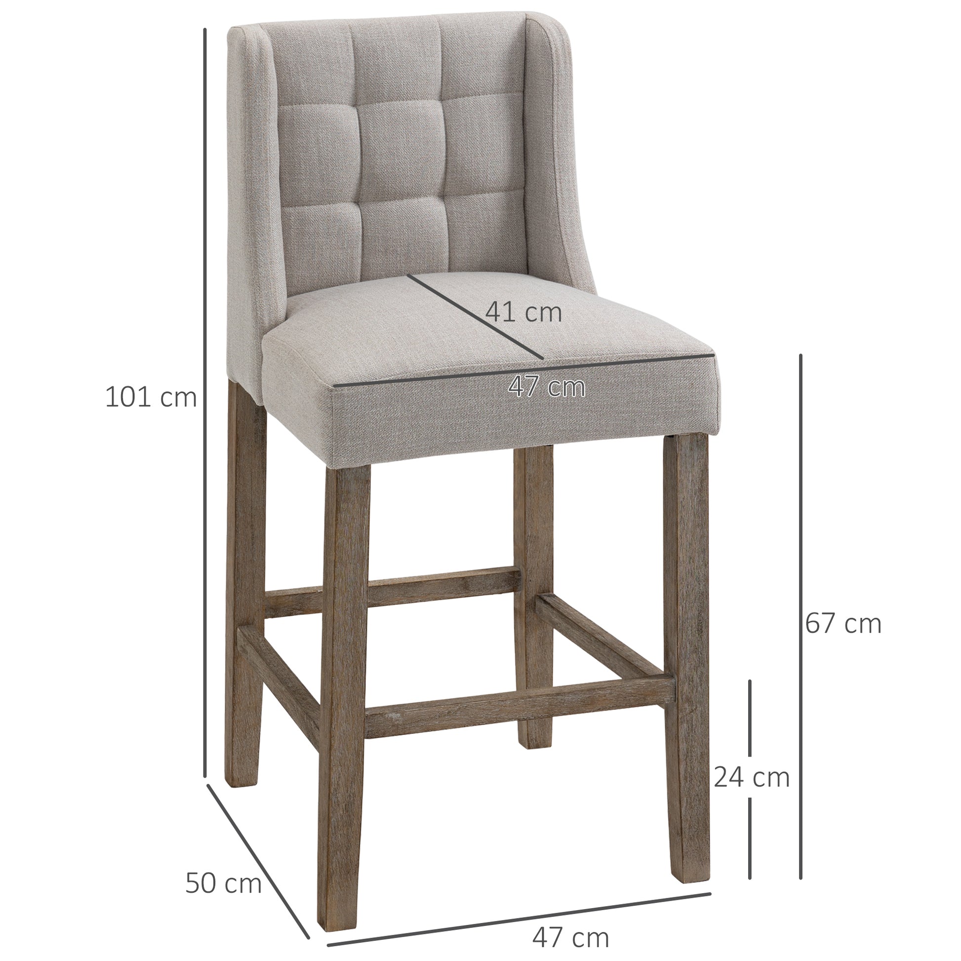 2-Piece Bar Stools Modern Kitchen Chairs Bistro Stools Bar Chairs for Kitchen with Backrest Counter Stools Linen Touch Rubberwood Beige 47 x 50 x 101 cm