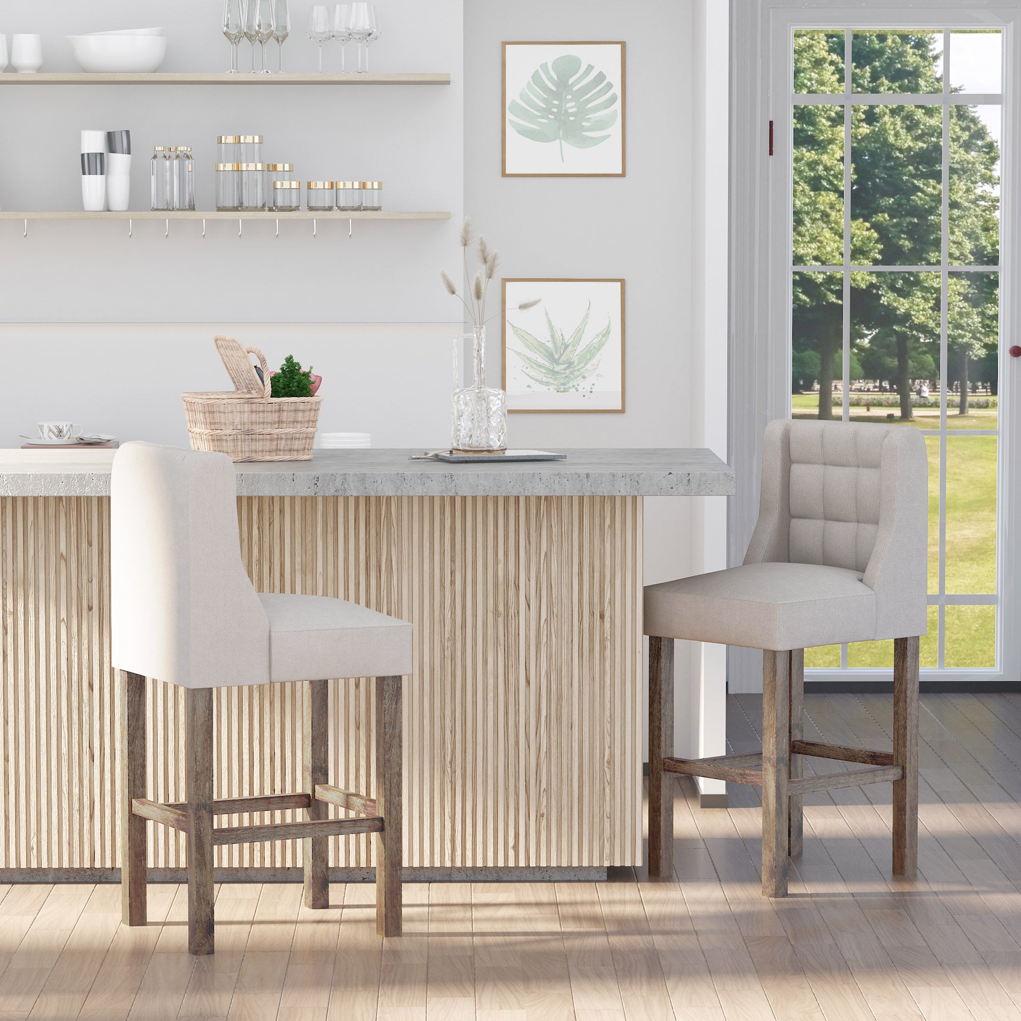 2-Piece Bar Stools Modern Kitchen Chairs Bistro Stools Bar Chairs for Kitchen with Backrest Counter Stools Linen Touch Rubberwood Beige 47 x 50 x 101 cm