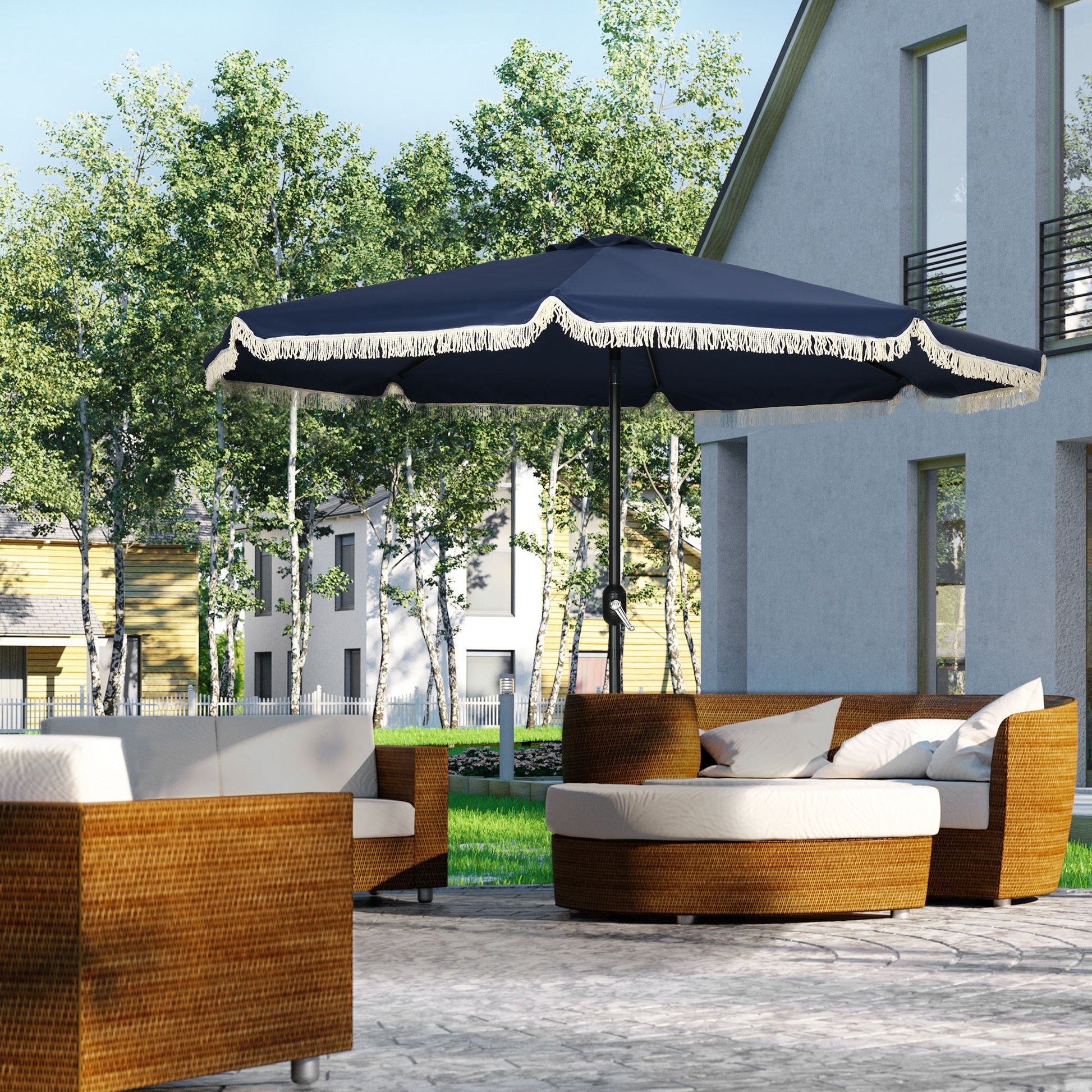 Garden Parasol Round Tilted Ø 268 cm with Fringes High-Density Anti-UV Polyester Fabric Removable Mast 8 Ribs, Blue