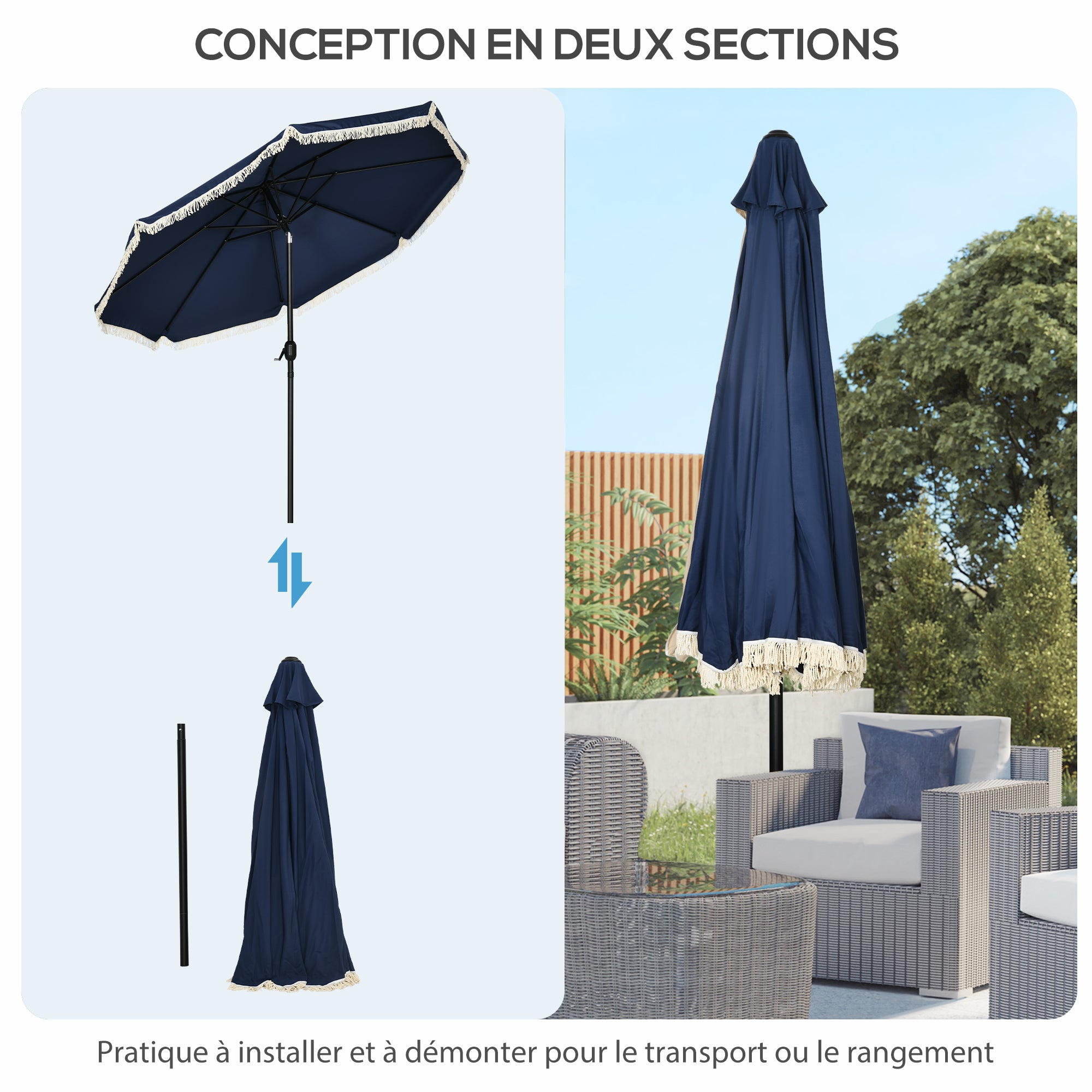 Garden Parasol Round Tilted Ø 268 cm with Fringes High-Density Anti-UV Polyester Fabric Removable Mast 8 Ribs, Blue