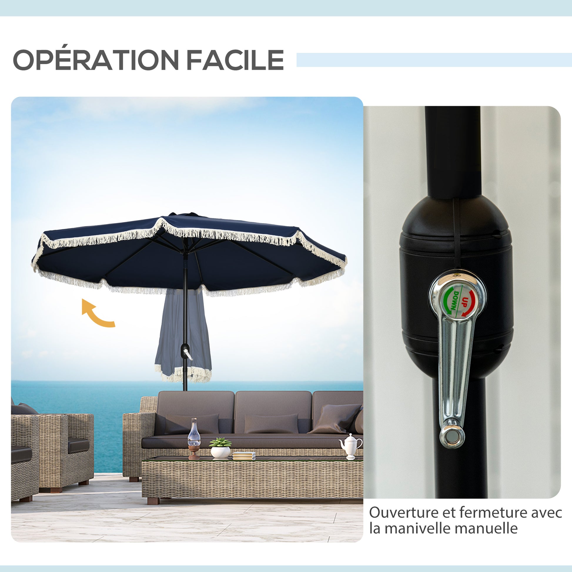 Garden Parasol Round Tilted Ø 268 cm with Fringes High-Density Anti-UV Polyester Fabric Removable Mast 8 Ribs, Blue