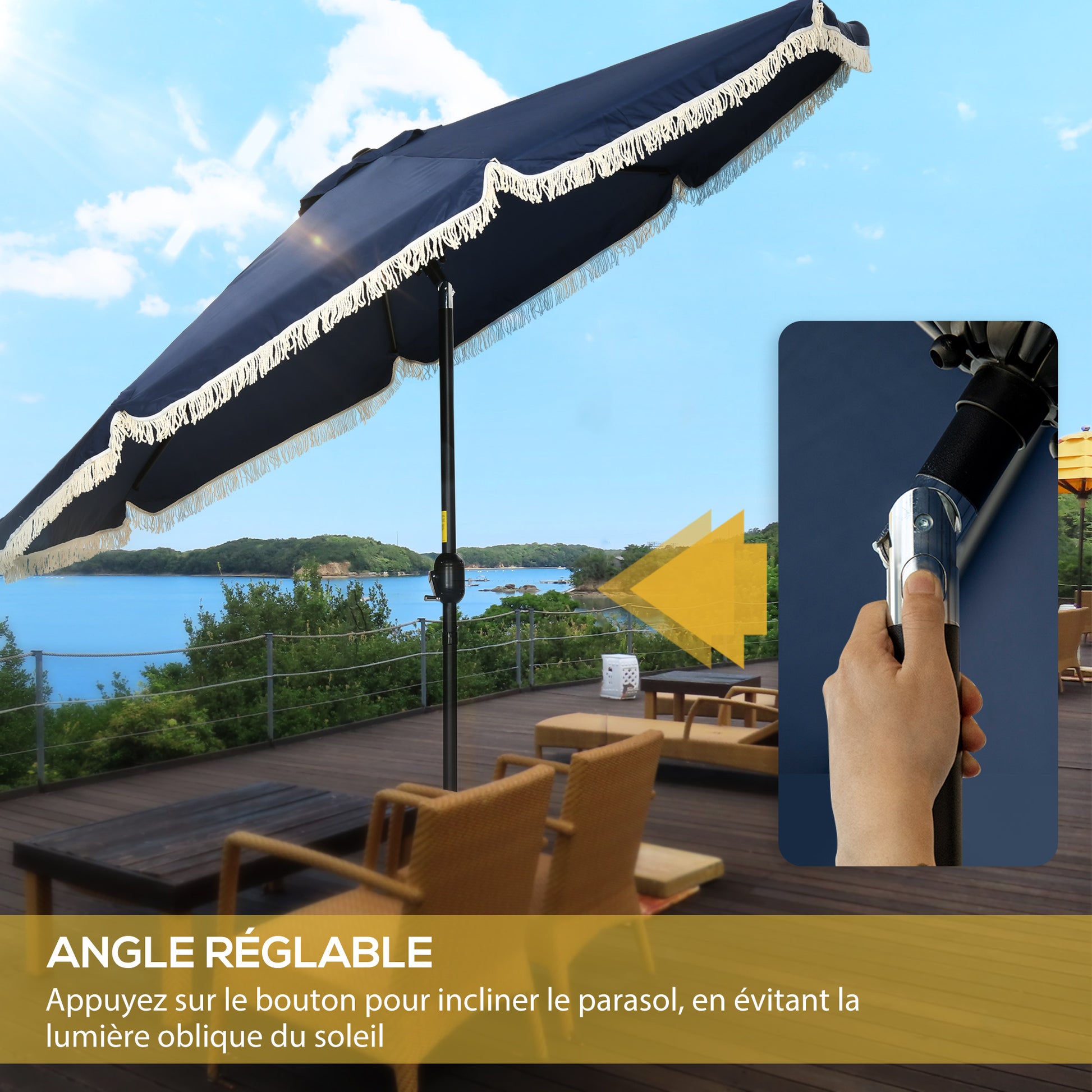 Garden Parasol Round Tilted Ø 268 cm with Fringes High-Density Anti-UV Polyester Fabric Removable Mast 8 Ribs, Blue