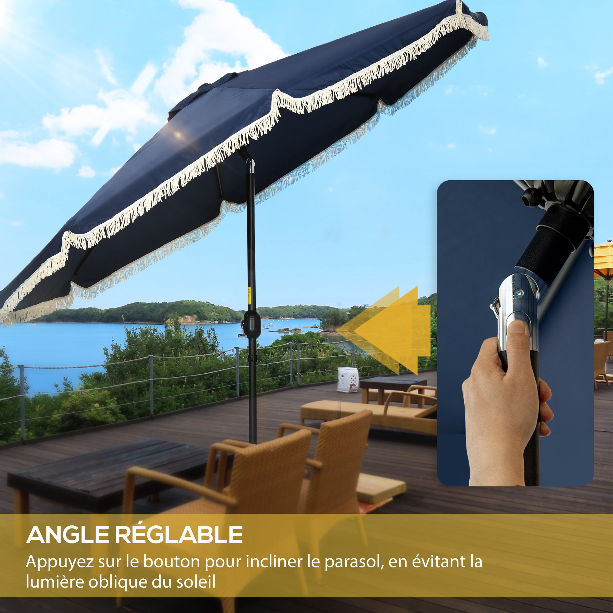Garden Parasol Round Tilted Ø 268 cm with Fringes High-Density Anti-UV Polyester Fabric Removable Mast 8 Ribs, Blue