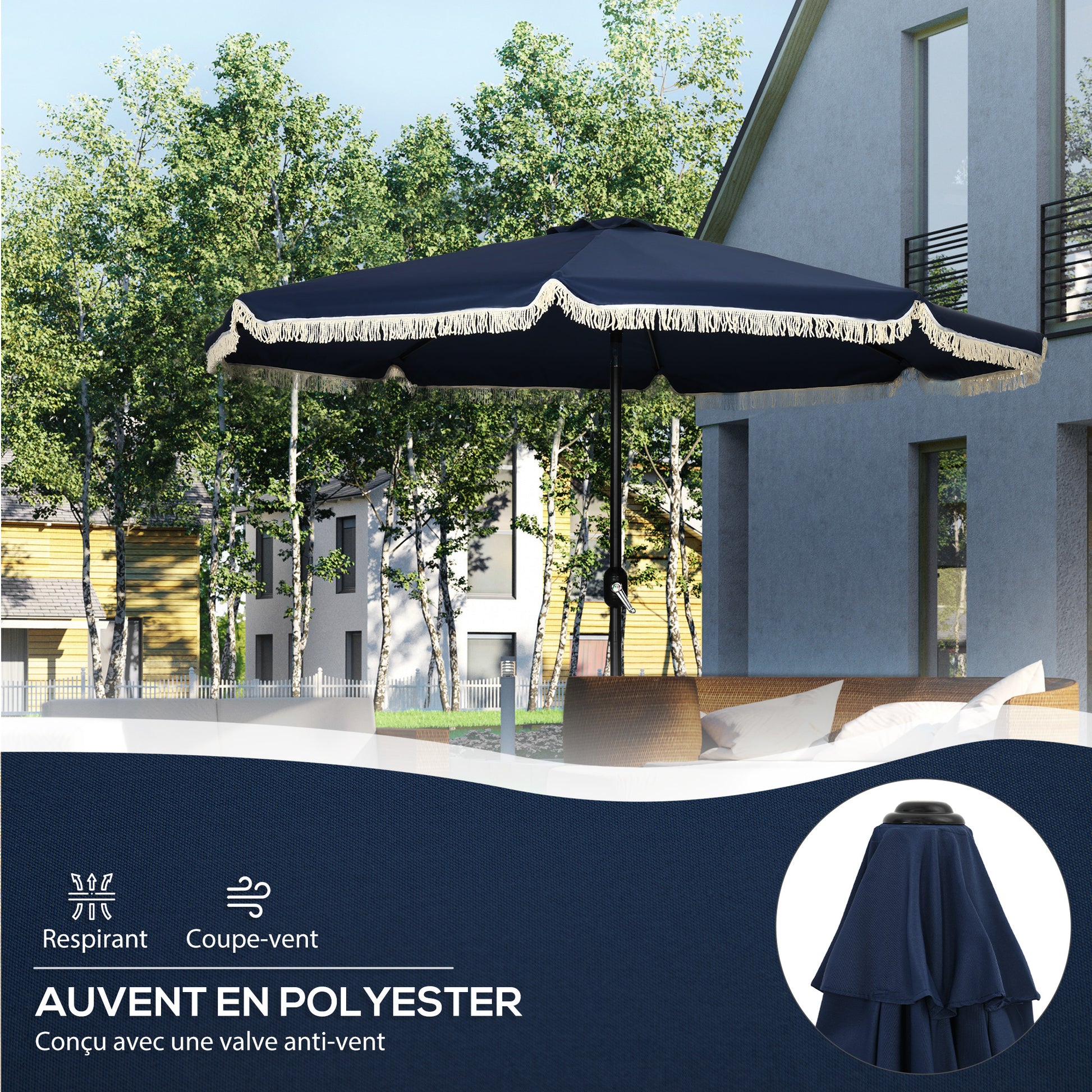 Garden Parasol Round Tilted Ø 268 cm with Fringes High-Density Anti-UV Polyester Fabric Removable Mast 8 Ribs, Blue