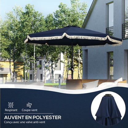 Garden Parasol Round Tilted Ø 268 cm with Fringes High-Density Anti-UV Polyester Fabric Removable Mast 8 Ribs, Blue
