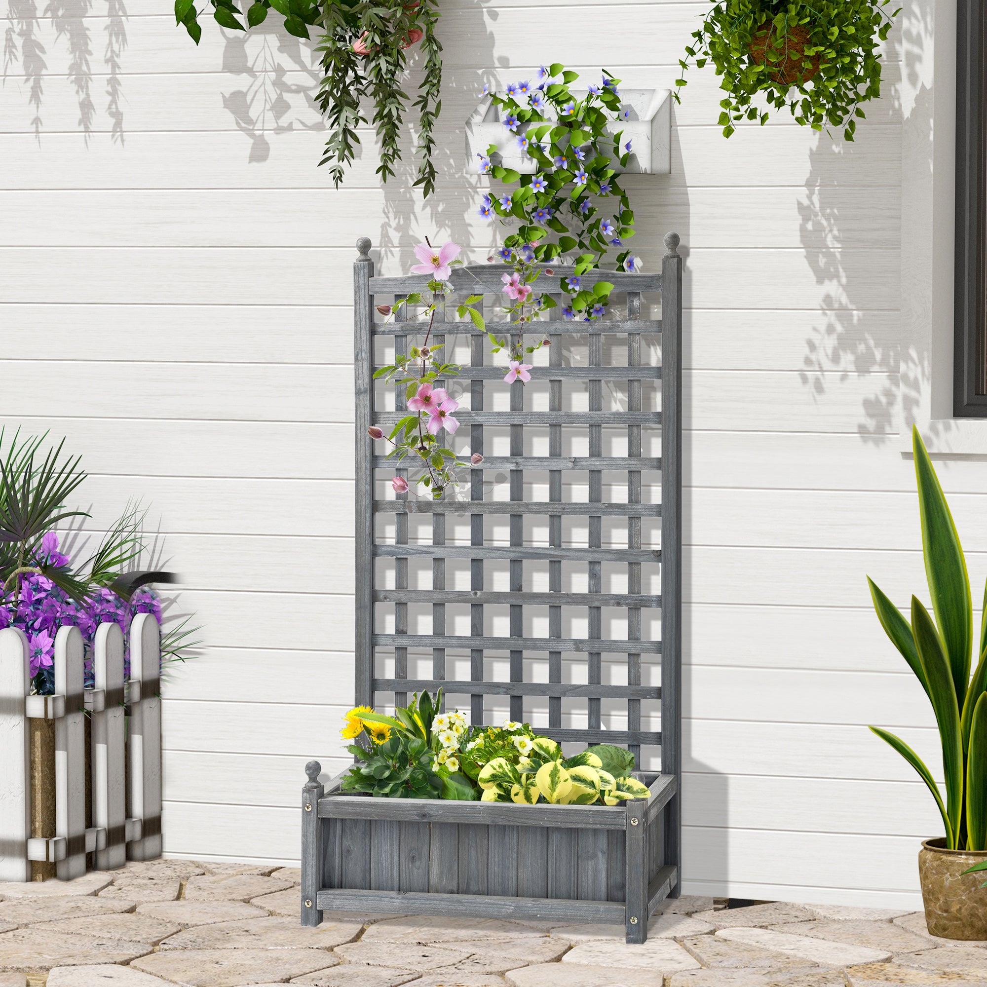 Raised Bed Planting Box with Trellis Planter Box Trellis Arch with Plant Support for Climbing Plants Garden Wood Gray 64 x 28 x 120 cm