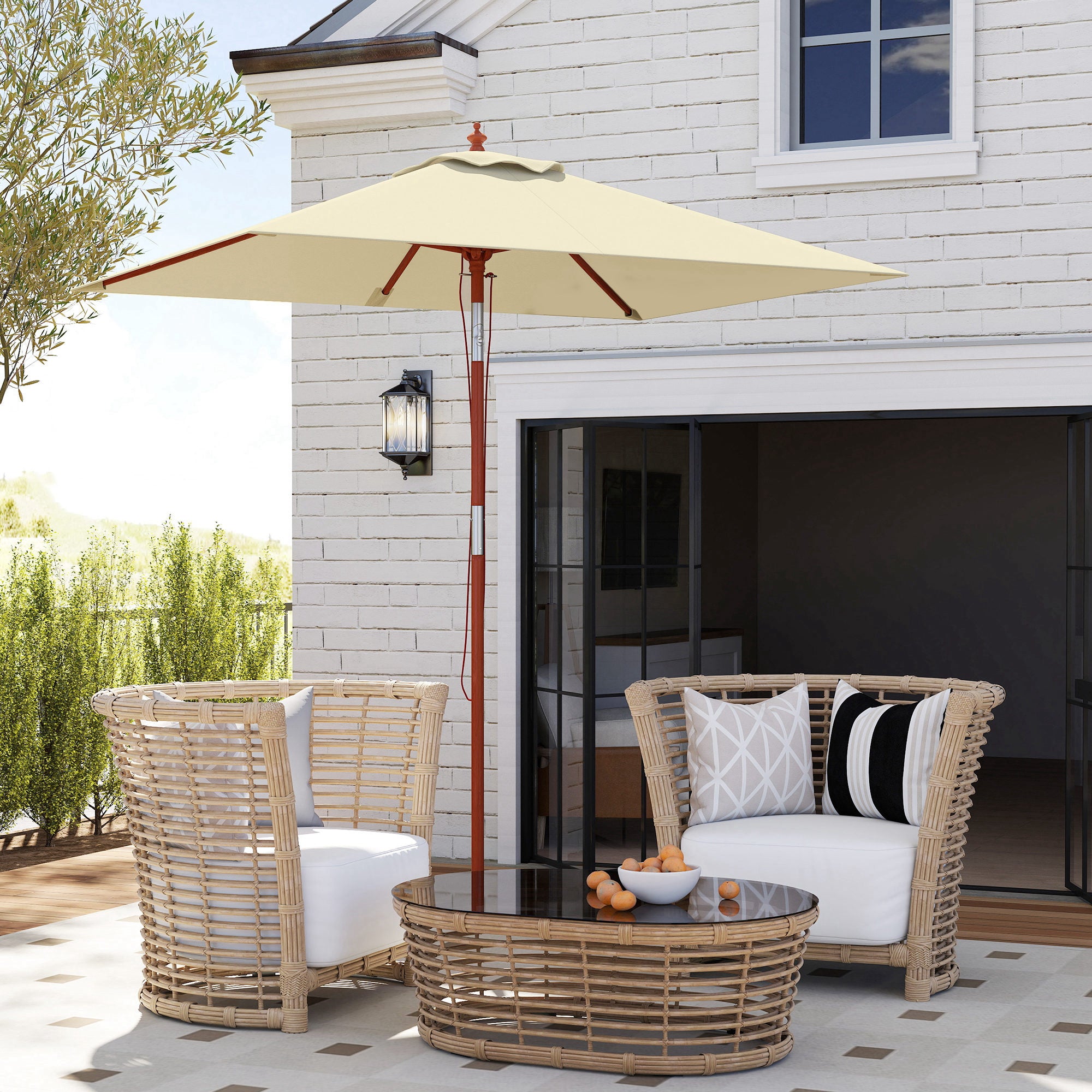 Garden Umbrella Terrace Exterior 200x150 cm Rectangular Garden Umbrella with Adjustable Angle Wooden Pole and Crank Sunshade for Patio Terrace Beige