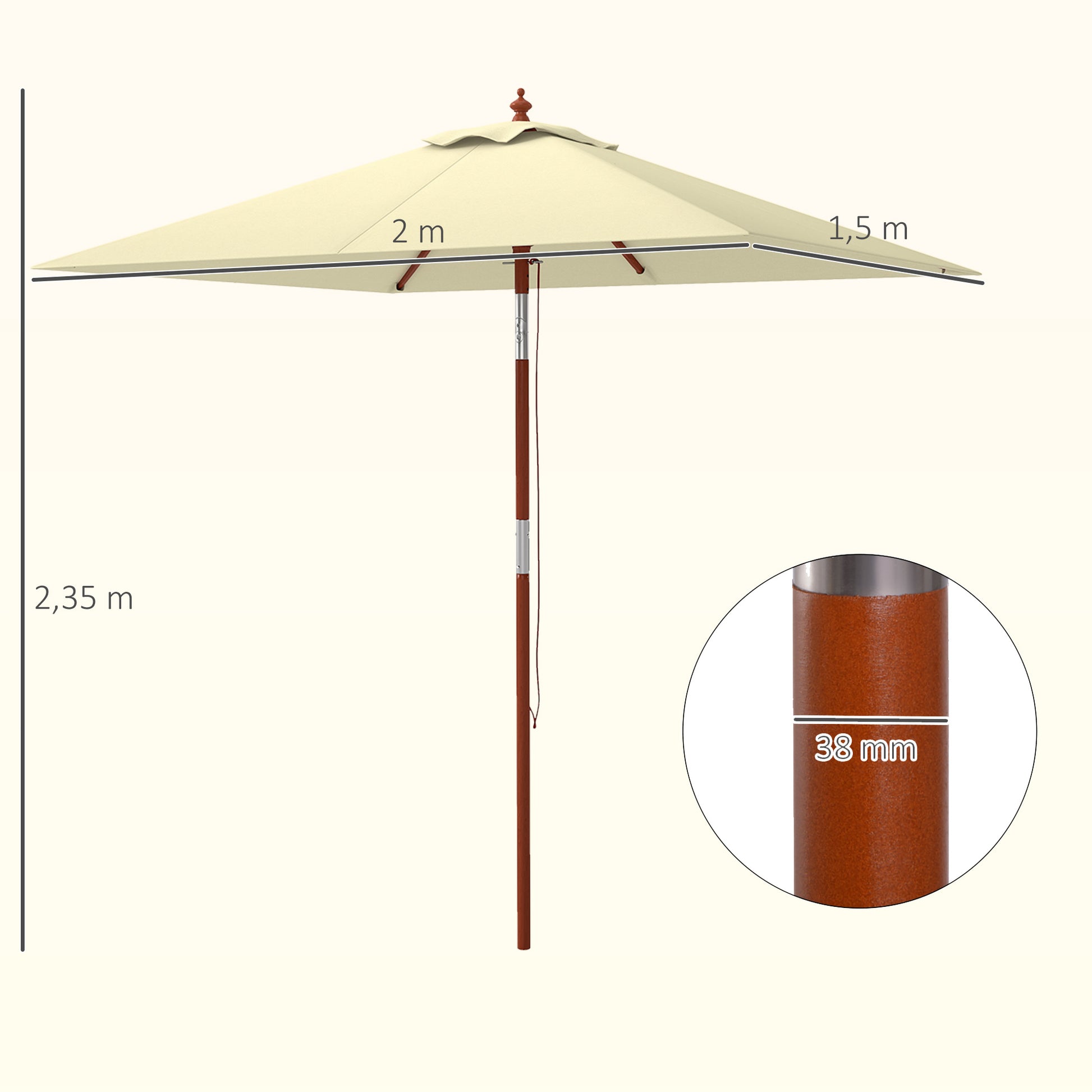 Garden Umbrella Terrace Exterior 200x150 cm Rectangular Garden Umbrella with Adjustable Angle Wooden Pole and Crank Sunshade for Patio Terrace Beige