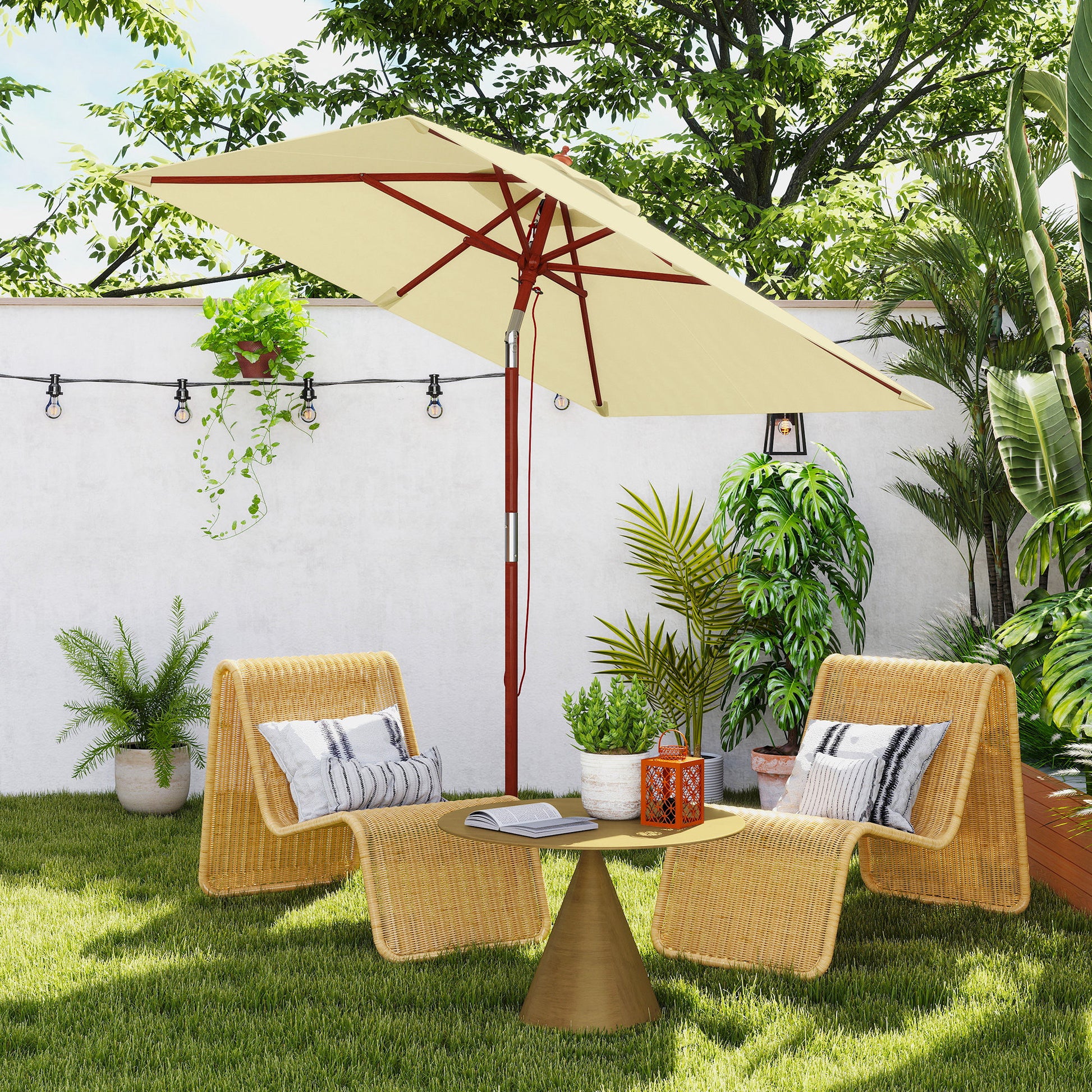 Garden Umbrella Terrace Exterior 200x150 cm Rectangular Garden Umbrella with Adjustable Angle Wooden Pole and Crank Sunshade for Patio Terrace Beige