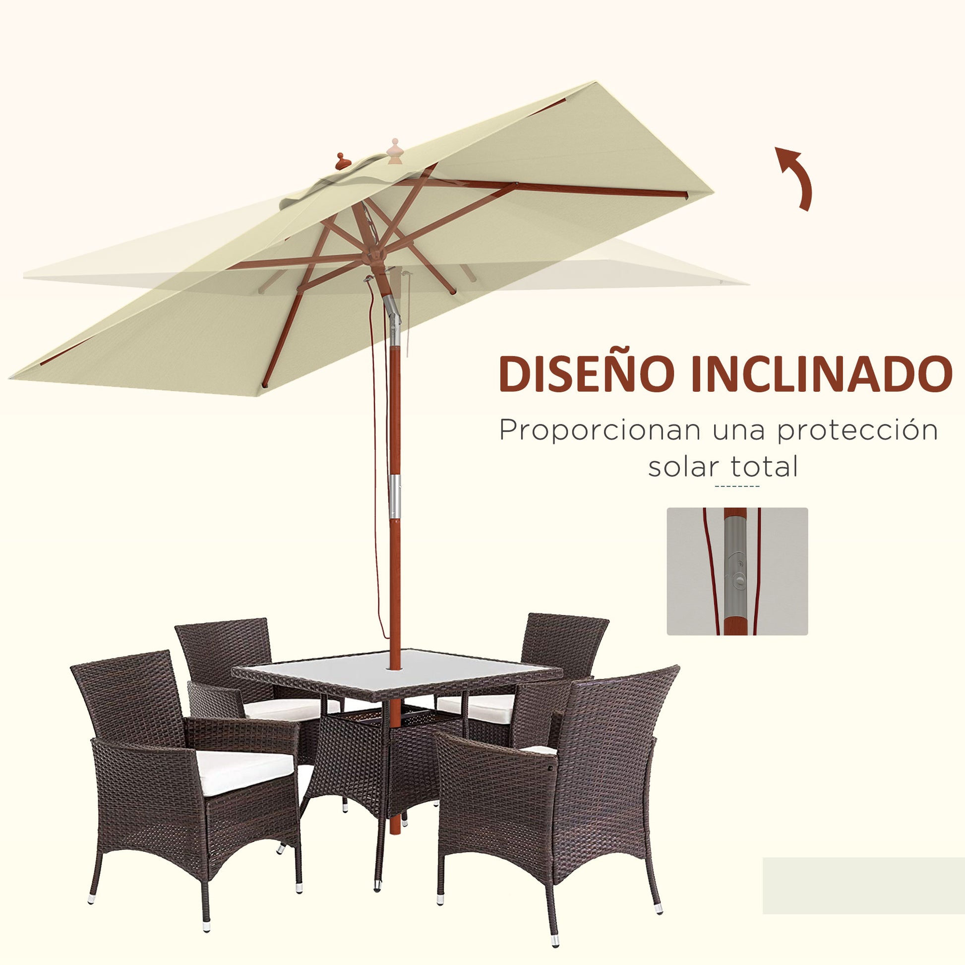Garden Umbrella Terrace Exterior 200x150 cm Rectangular Garden Umbrella with Adjustable Angle Wooden Pole and Crank Sunshade for Patio Terrace Beige