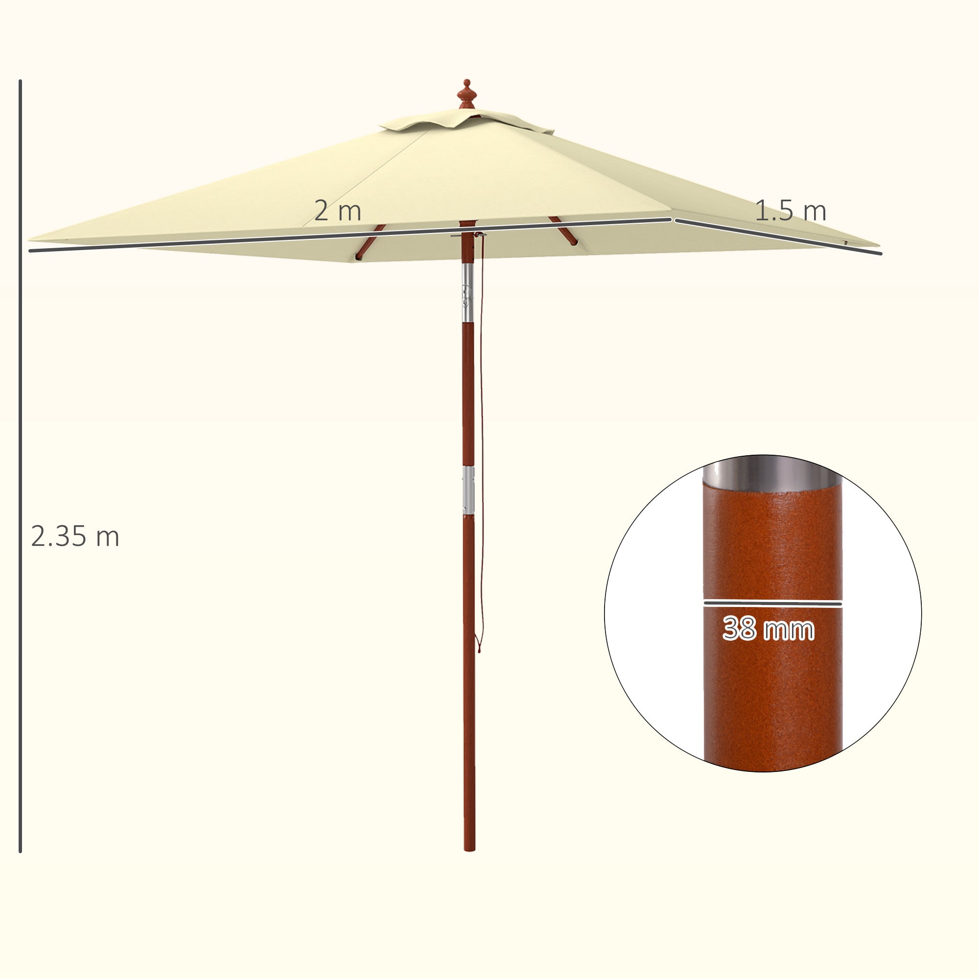 Garden Umbrella Terrace Exterior 200x150 cm Rectangular Garden Umbrella with Adjustable Angle Wooden Pole and Crank Sunshade for Patio Terrace Beige