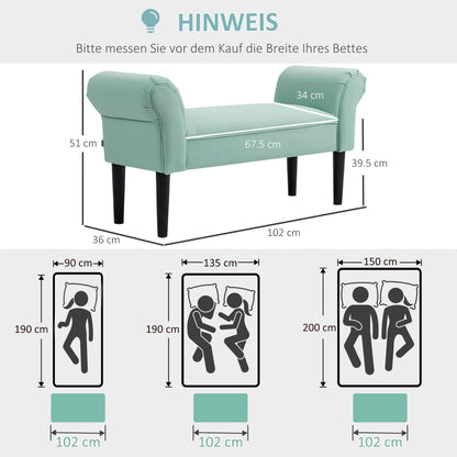 Bed Bench, Upholstered Bench, Seat Bench, Hallway Bench for Bedroom, Supports up to 130 kg, Sailcloth, Green, 102 x 36 x 51 cm