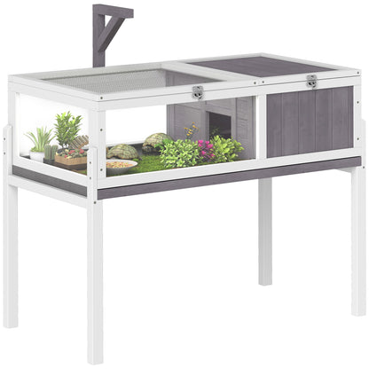 Elevated Wooden Turtle Hutch — Indoor/Outdoor 2-Zone Enclosure with Lamp Holder, Hinged Roof, Sliding Tray & Feeding Bowl — 104 x 53 x 82 cm (41 x 21 x 32 in) — Gray