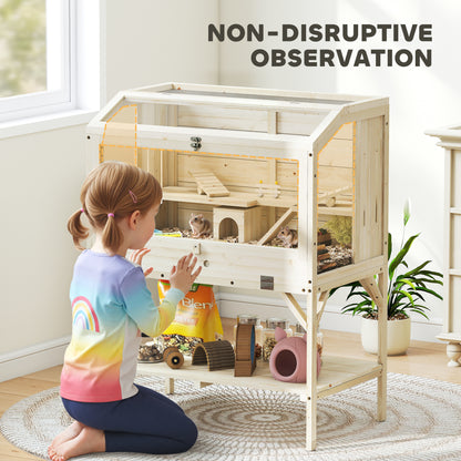 2-Tier Wooden Hamster Cage with Storage Compartment, Top-Opening Lid, Tray, Seesaws, Ramp, Gnaw-Proof Panels, Wheel & Hideout — 84 x 53 x 110 cm (33.1 x 20.9 x 43.3 in), Natural