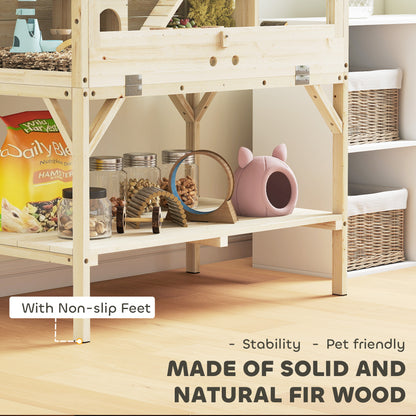 2-Tier Wooden Hamster Cage with Storage Compartment, Top-Opening Lid, Tray, Seesaws, Ramp, Gnaw-Proof Panels, Wheel & Hideout — 84 x 53 x 110 cm (33.1 x 20.9 x 43.3 in), Natural