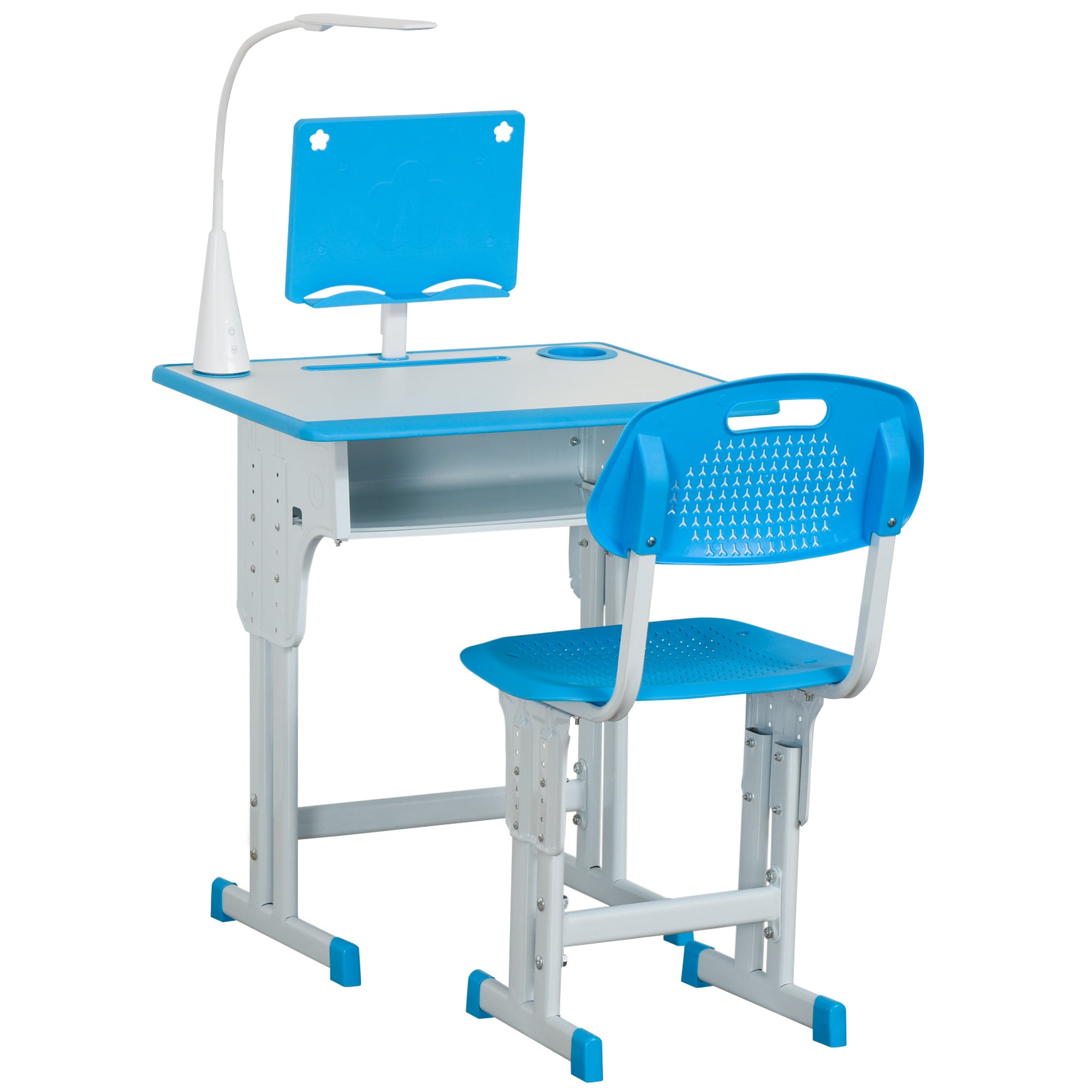 Children's Desk and Chair Set for 6-12 Years Old with LED Lamp, Bookstand, and Shelf, Blue