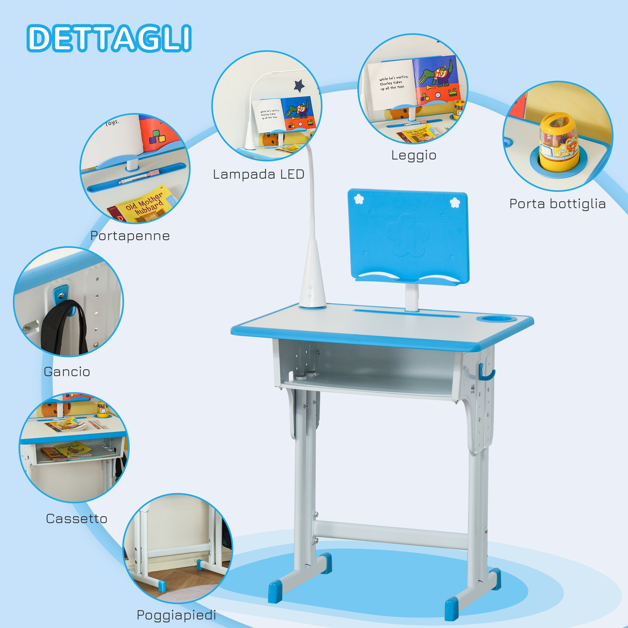 Children's Desk and Chair Set for 6-12 Years Old with LED Lamp, Bookstand, and Shelf, Blue