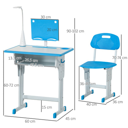 Children's Desk and Chair Set for 6-12 Years Old with LED Lamp, Bookstand, and Shelf, Blue