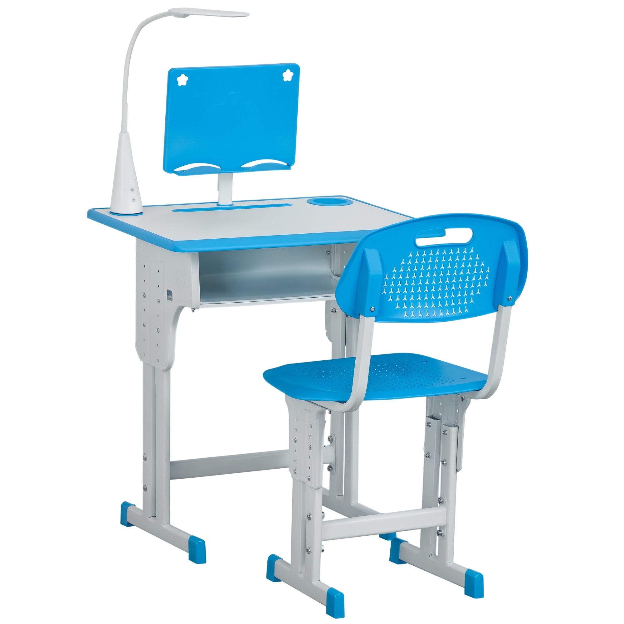 Children's Desk and Chair Set for 6-12 Years Old with LED Lamp, Bookstand, and Shelf, Blue
