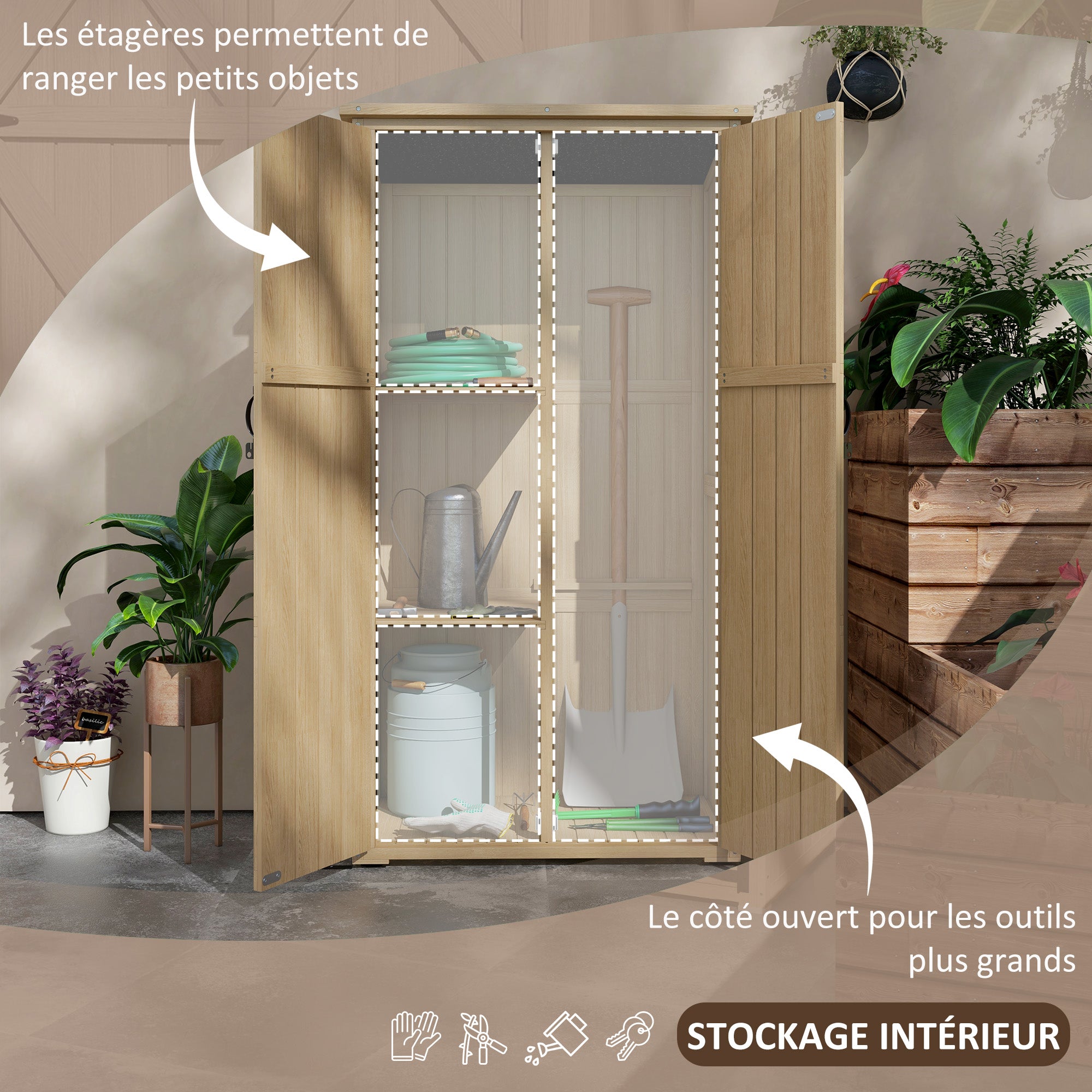 Garden Cabinet Garden Shelter for Tools on Foot 90L x 54.5W x 161/168.5H cm 2 Shelves Waterproof Bitumen Roof Pine Wood Autoclave