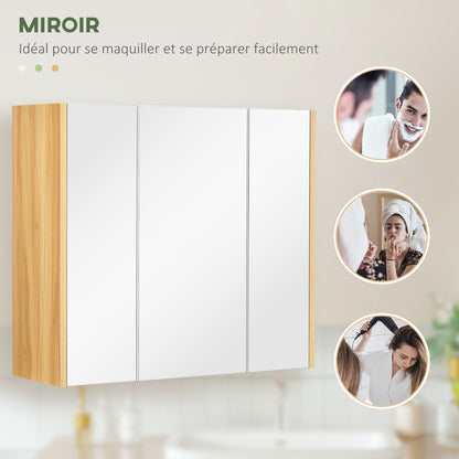 Bathroom mirror cabinet mirror 3 doors 4 adjustable shelves 68 x 22 x 60 cm light oak - white