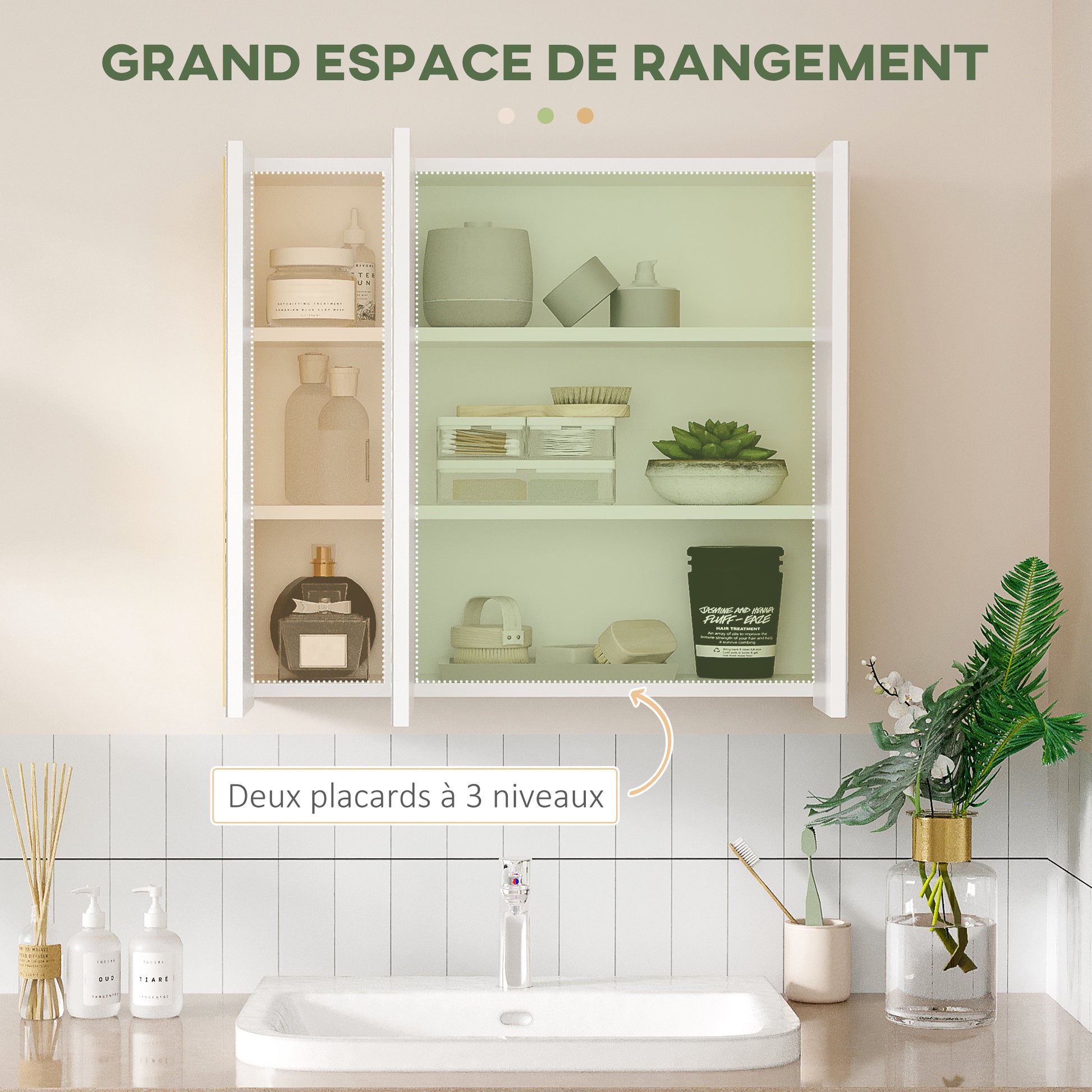 Bathroom mirror cabinet mirror 3 doors 4 adjustable shelves 68 x 22 x 60 cm light oak - white