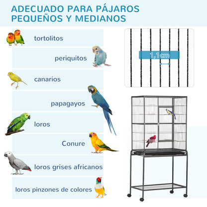 Bird Cage with Wheels 81x48x162.5 cm Metal Birdcage with Tray 4 Perches 4 Feeders and Storage Shelf for Parakeets Canaries Black and Gray