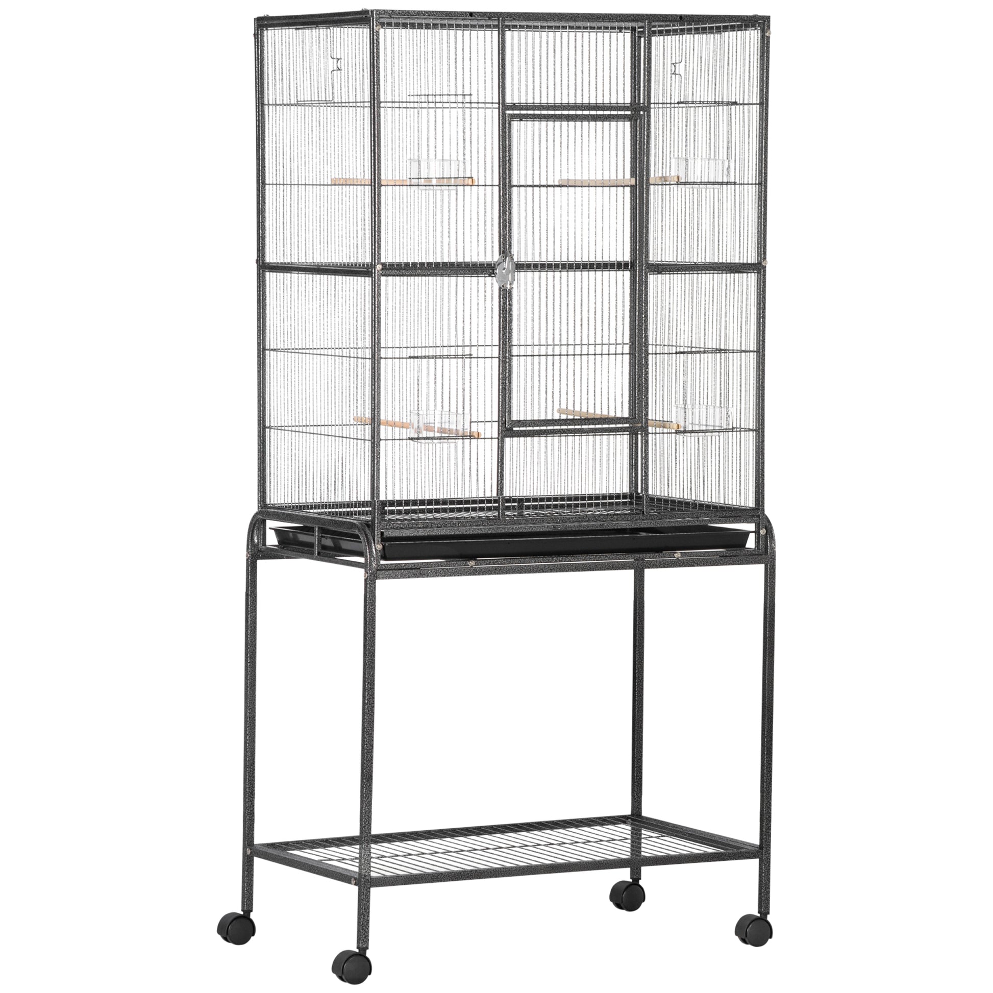 Bird Cage with Wheels 81x48x162.5 cm Metal Birdcage with Tray 4 Perches 4 Feeders and Storage Shelf for Parakeets Canaries Black and Gray