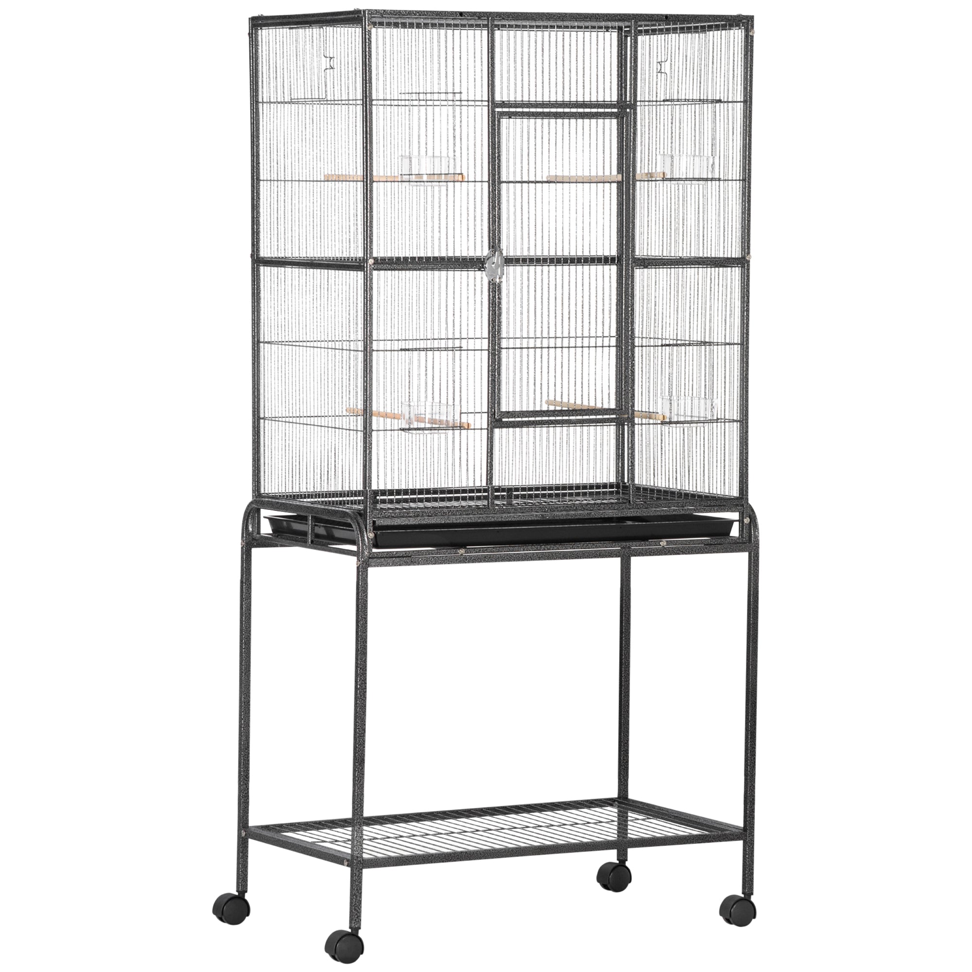 Bird Cage with Wheels 81x48x162.5 cm Metal Birdcage with Tray 4 Perches 4 Feeders and Storage Shelf for Parakeets Canaries Black and Gray