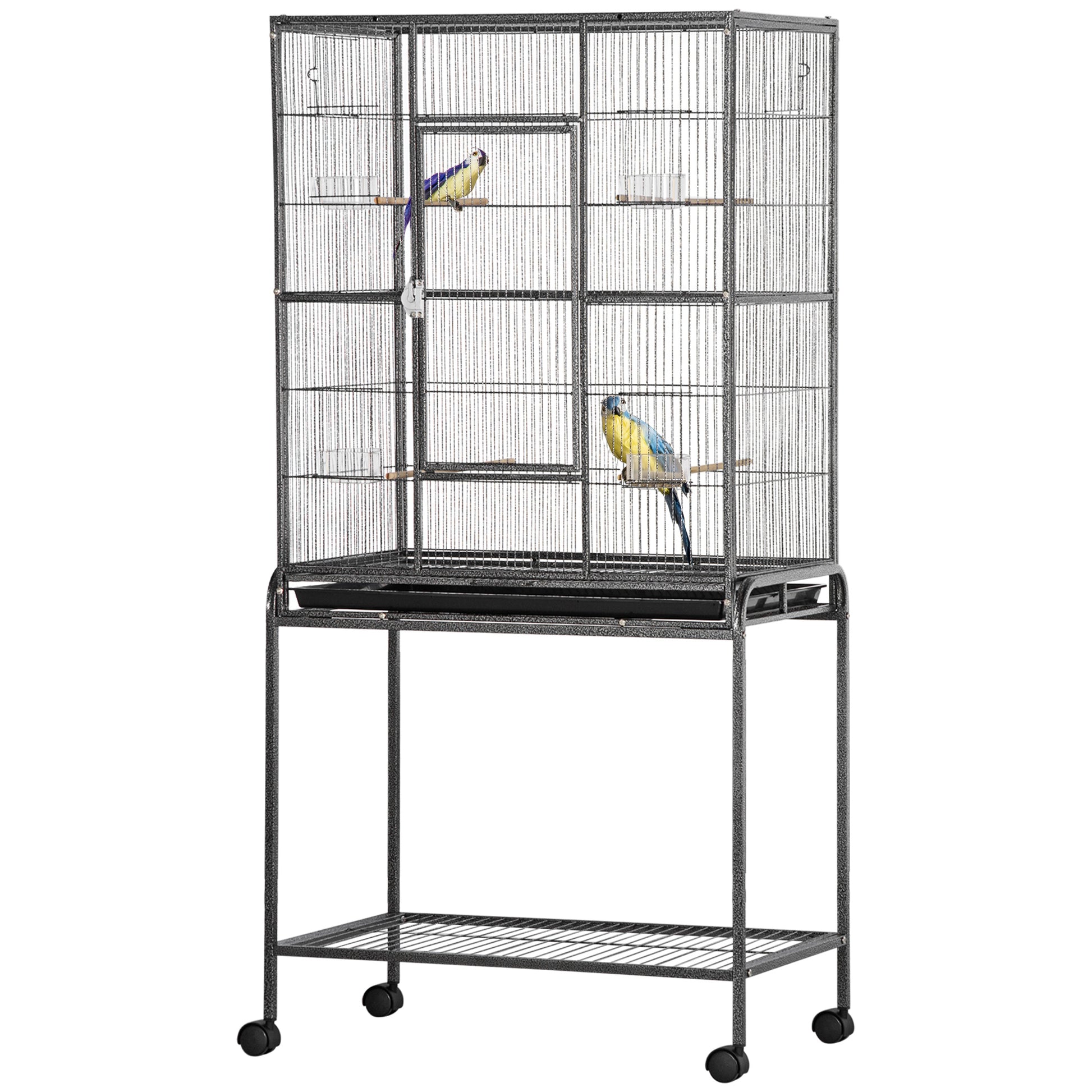 Bird Cage with Wheels 81x48x162.5 cm Metal Birdcage with Tray 4 Perches 4 Feeders and Storage Shelf for Parakeets Canaries Black and Gray