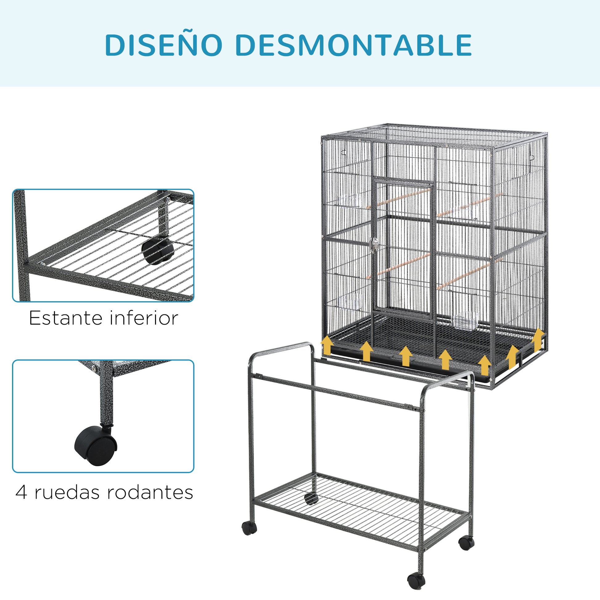 Bird Cage with Wheels 81x48x162.5 cm Metal Birdcage with Tray 4 Perches 4 Feeders and Storage Shelf for Parakeets Canaries Black and Gray