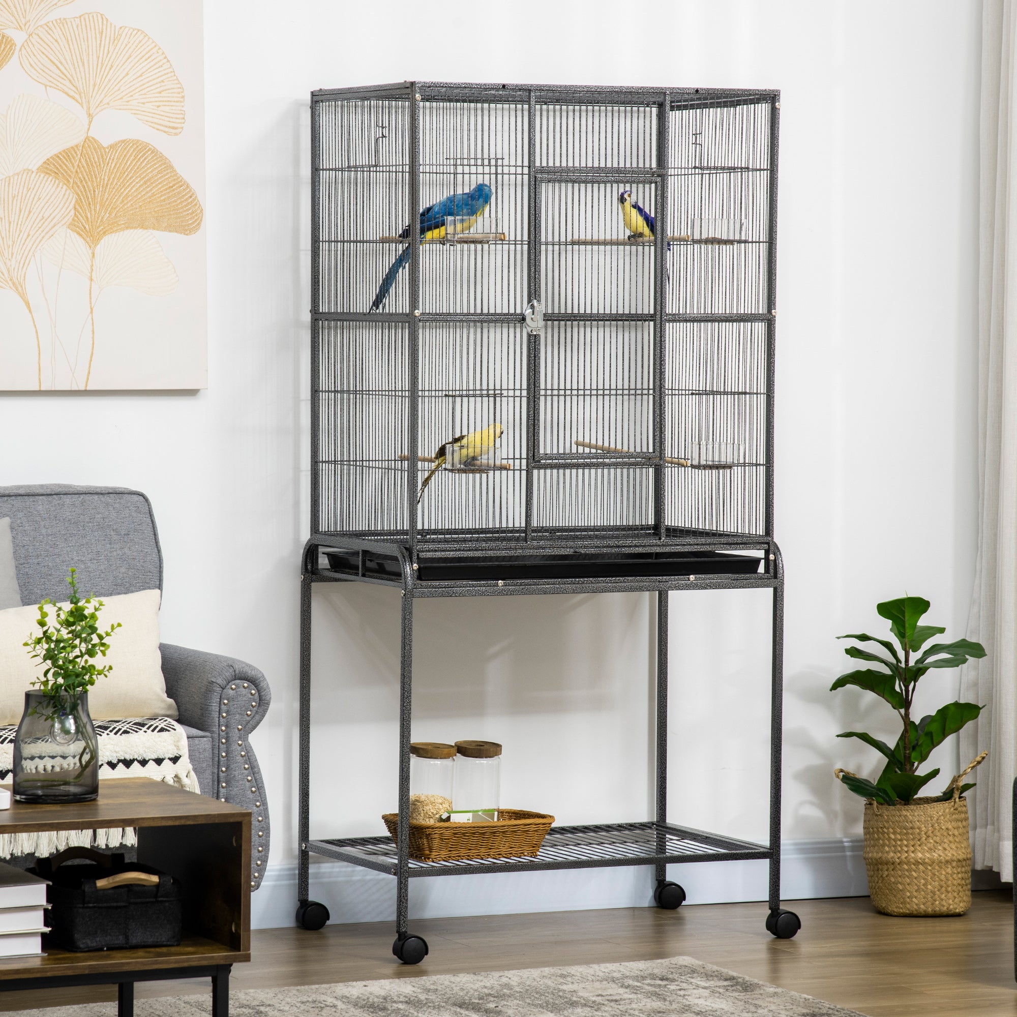 Bird Cage with Wheels 81x48x162.5 cm Metal Birdcage with Tray 4 Perches 4 Feeders and Storage Shelf for Parakeets Canaries Black and Gray