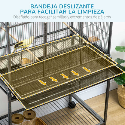 Bird Cage with Wheels 81x48x162.5 cm Metal Birdcage with Tray 4 Perches 4 Feeders and Storage Shelf for Parakeets Canaries Black and Gray