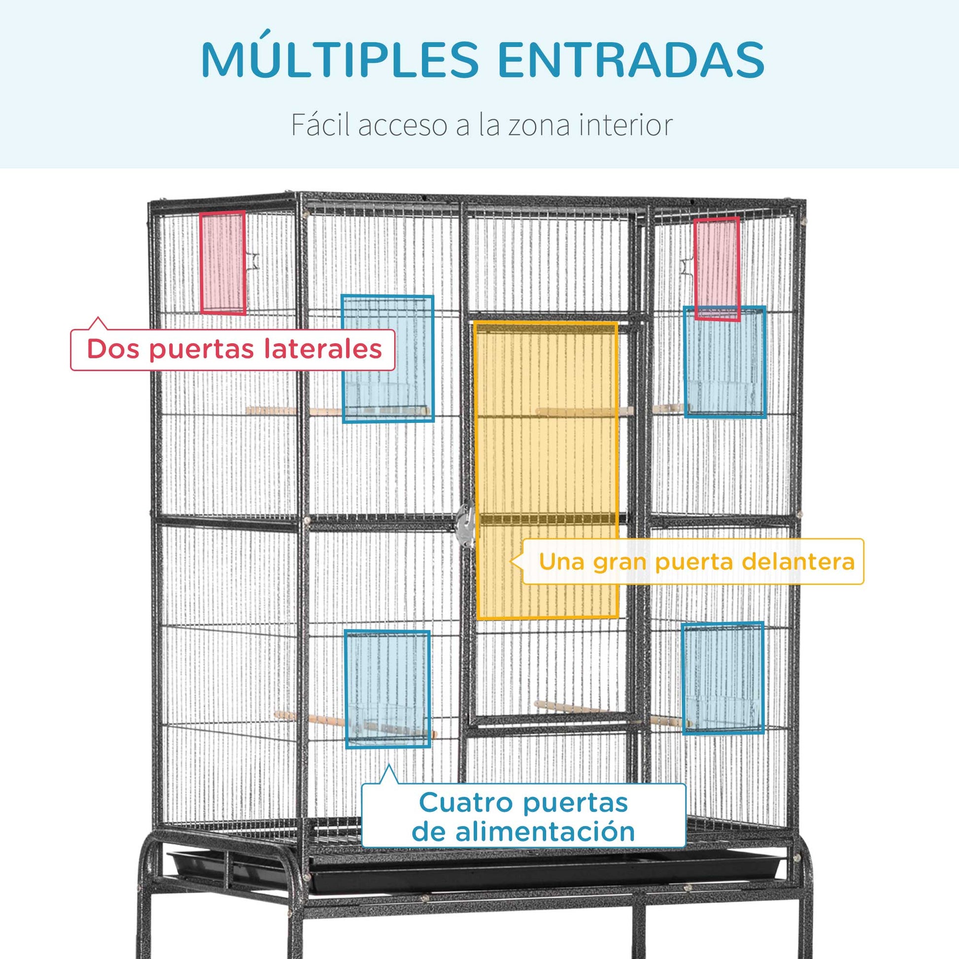 Bird Cage with Wheels 81x48x162.5 cm Metal Birdcage with Tray 4 Perches 4 Feeders and Storage Shelf for Parakeets Canaries Black and Gray