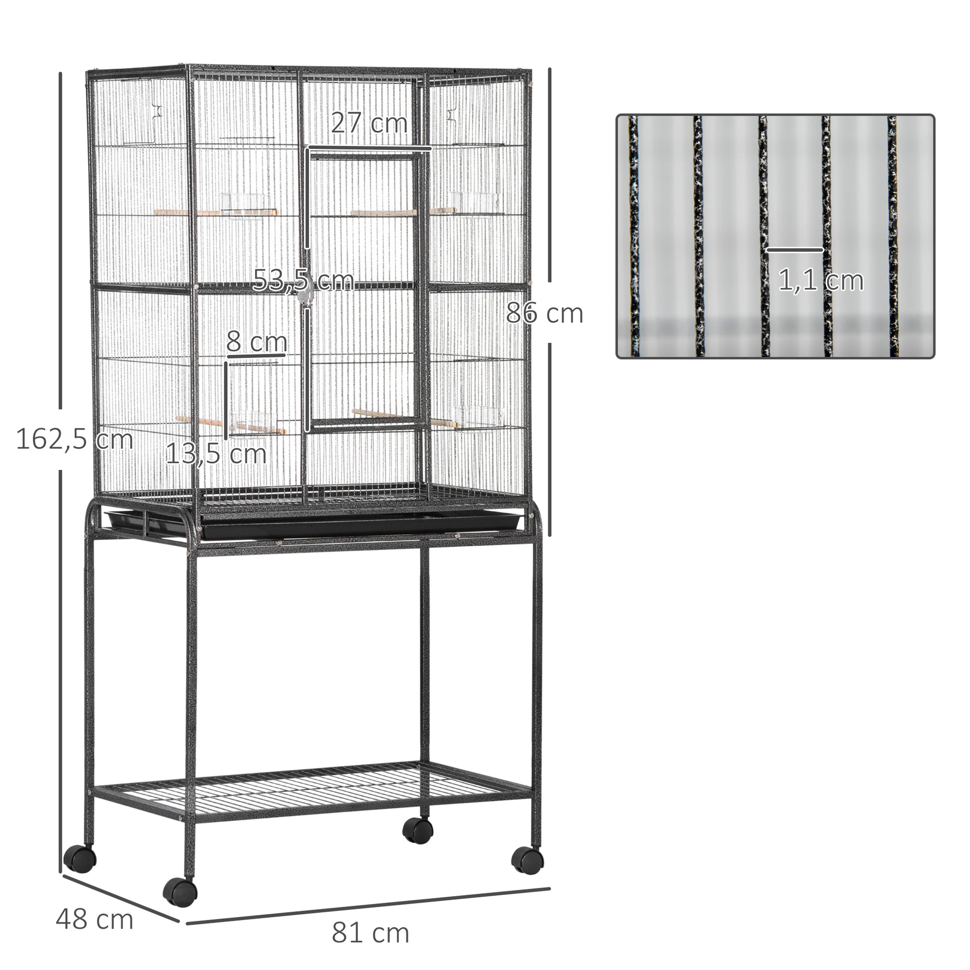 Bird Cage with Wheels 81x48x162.5 cm Metal Birdcage with Tray 4 Perches 4 Feeders and Storage Shelf for Parakeets Canaries Black and Gray