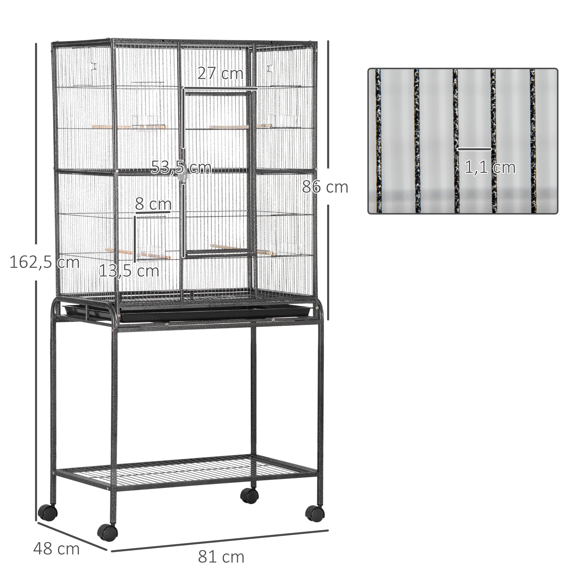 Bird Cage with Wheels 81x48x162.5 cm Metal Birdcage with Tray 4 Perches 4 Feeders and Storage Shelf for Parakeets Canaries Black and Gray