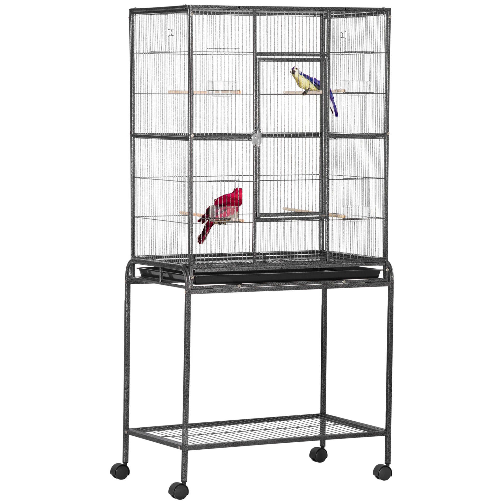 Bird Cage with Wheels 81x48x162.5 cm Metal Birdcage with Tray 4 Perches 4 Feeders and Storage Shelf for Parakeets Canaries Black and Gray