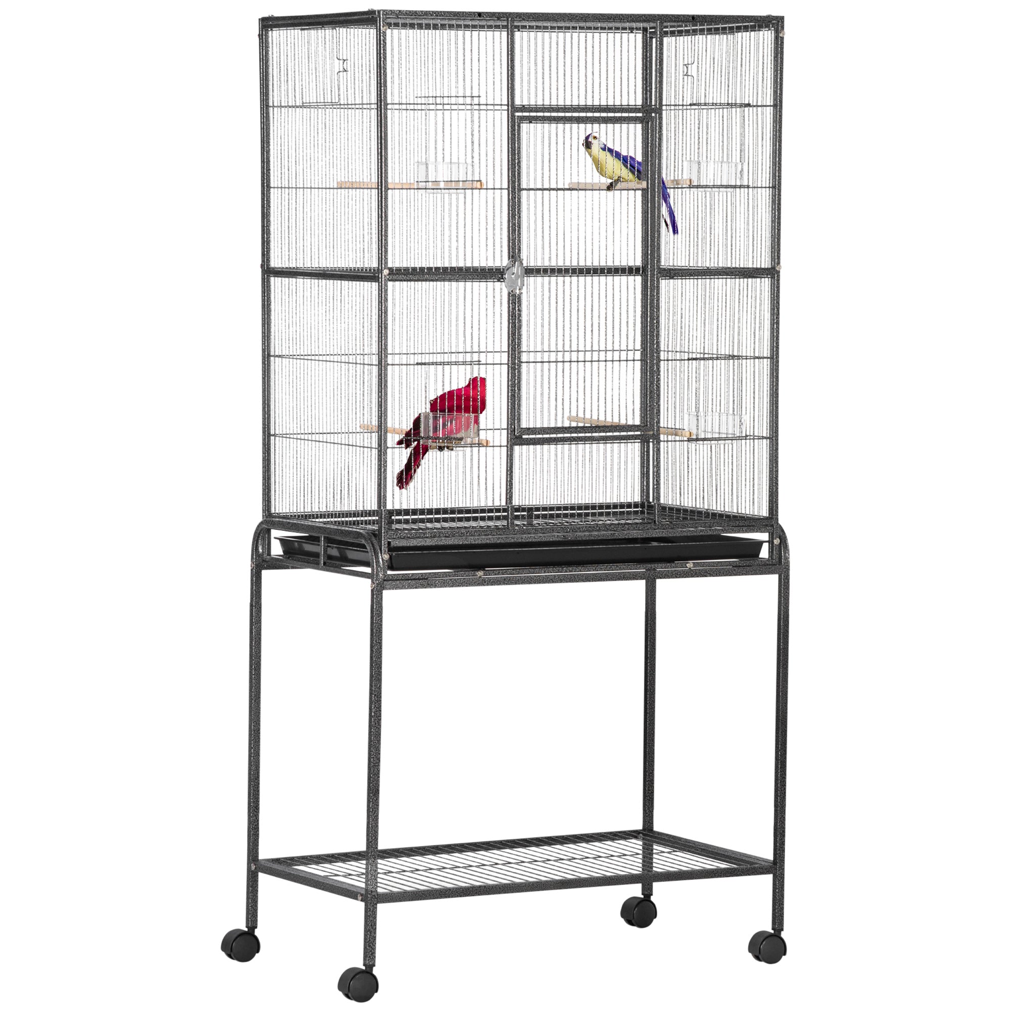 Bird Cage with Wheels 81x48x162.5 cm Metal Birdcage with Tray 4 Perches 4 Feeders and Storage Shelf for Parakeets Canaries Black and Gray