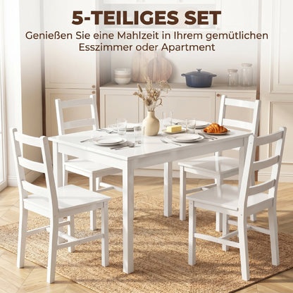 5-Piece Dining Set – Solid Pine Table & 4 Ladder-Back Chairs, White, Compact for Small Spaces