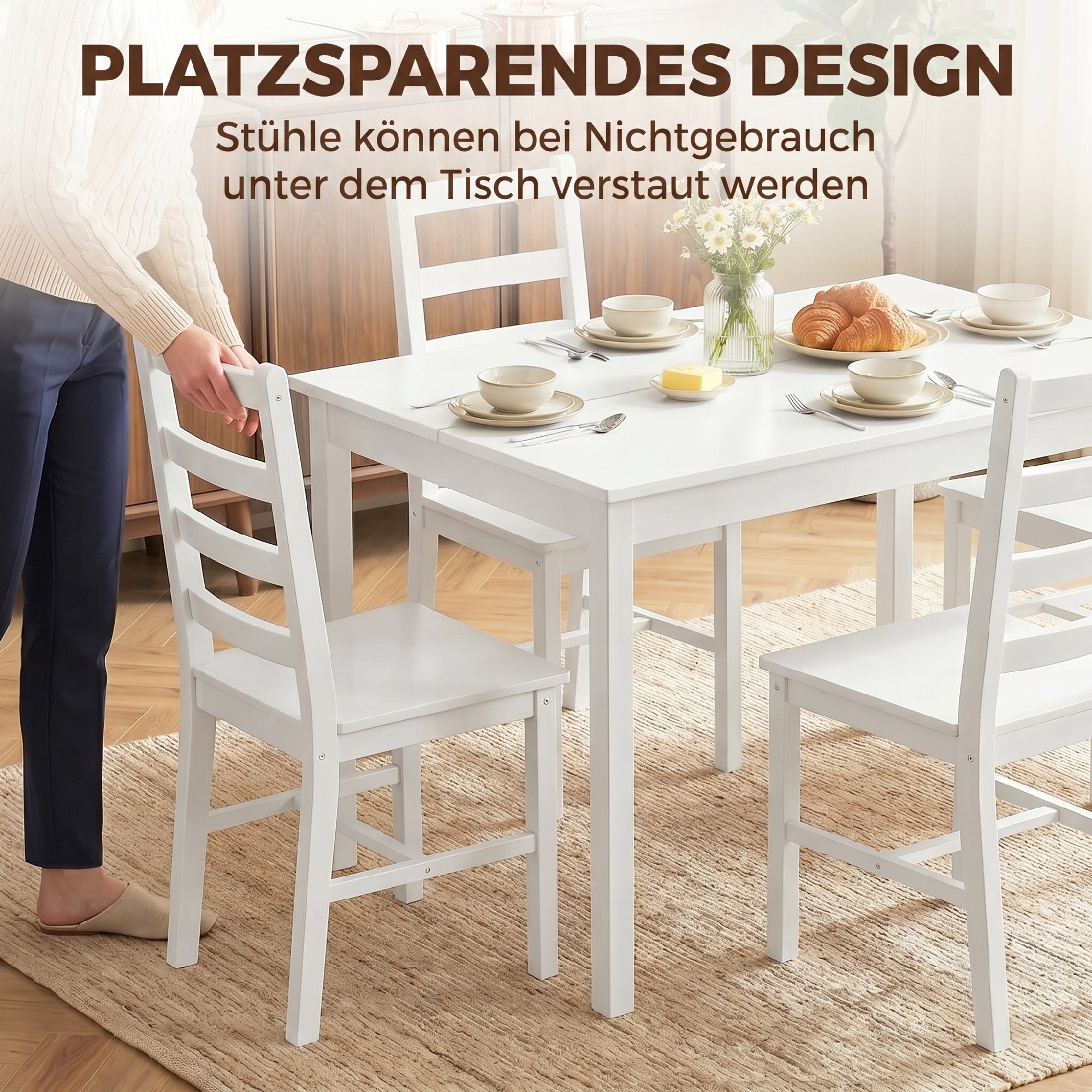5-Piece Dining Set – Solid Pine Table & 4 Ladder-Back Chairs, White, Compact for Small Spaces