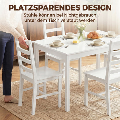 5-Piece Dining Set – Solid Pine Table & 4 Ladder-Back Chairs, White, Compact for Small Spaces