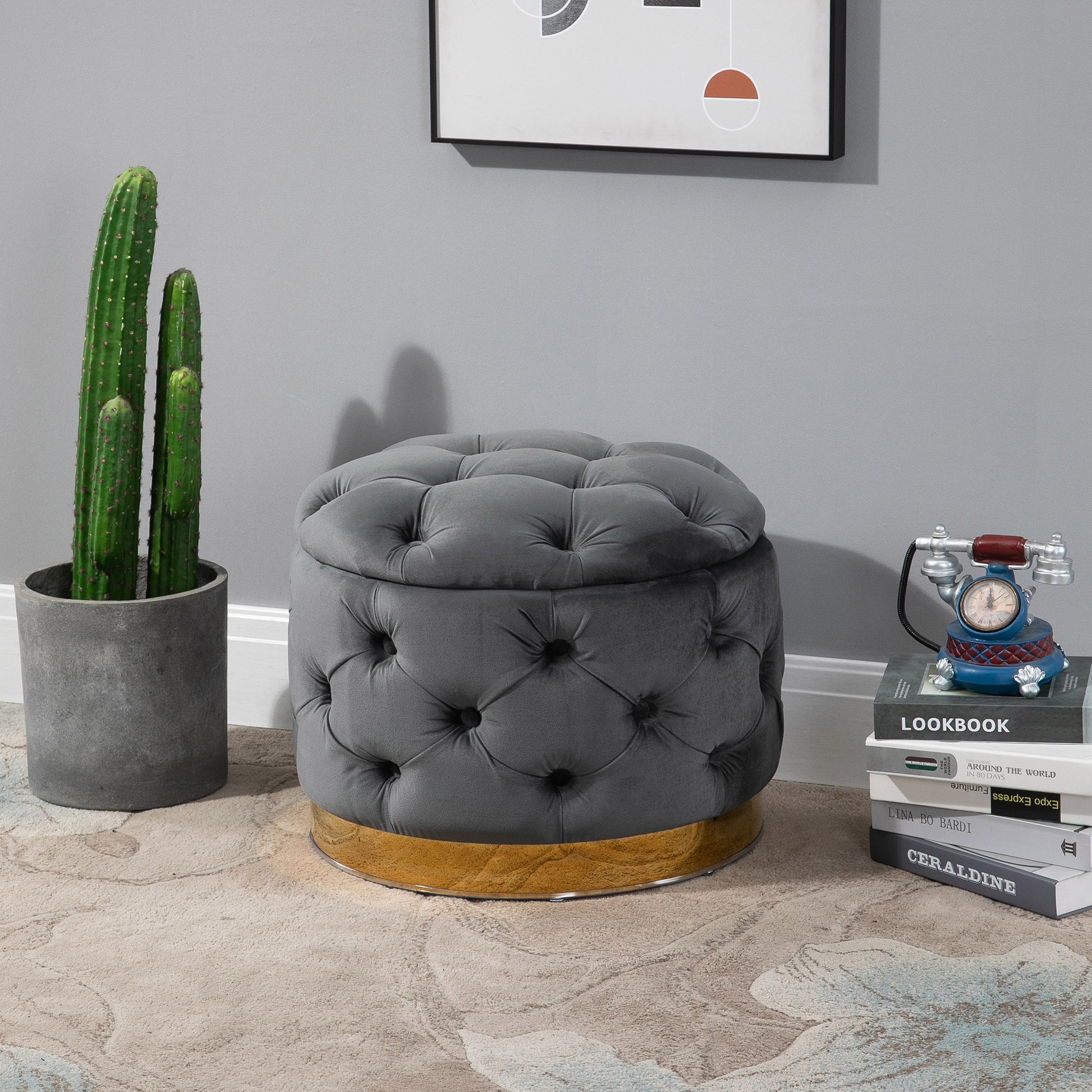 Vintage Ottoman, Storage Ottoman Bench Footstool Footrest with Storage, Upholstered Ottoman, Metal, Foam, Charcoal Gray, 55 x 55 x 42 cm