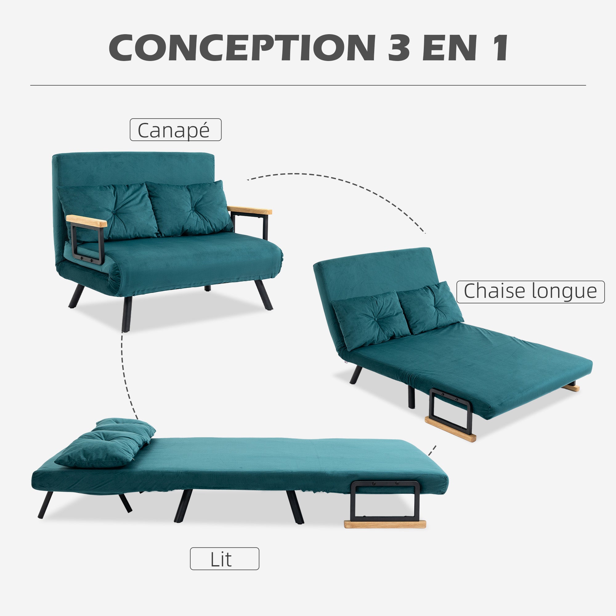2-Seater Convertible Sofa Folding Sofa Bed with 5 Adjustable Backrest Levels and 2 Padded Cushions, Velvet Effect Fabric for Living Room, Guest Room, 102 x 73 x 81 cm, Dark Blue