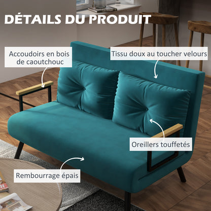 2-Seater Convertible Sofa Folding Sofa Bed with 5 Adjustable Backrest Levels and 2 Padded Cushions, Velvet Effect Fabric for Living Room, Guest Room, 102 x 73 x 81 cm, Dark Blue