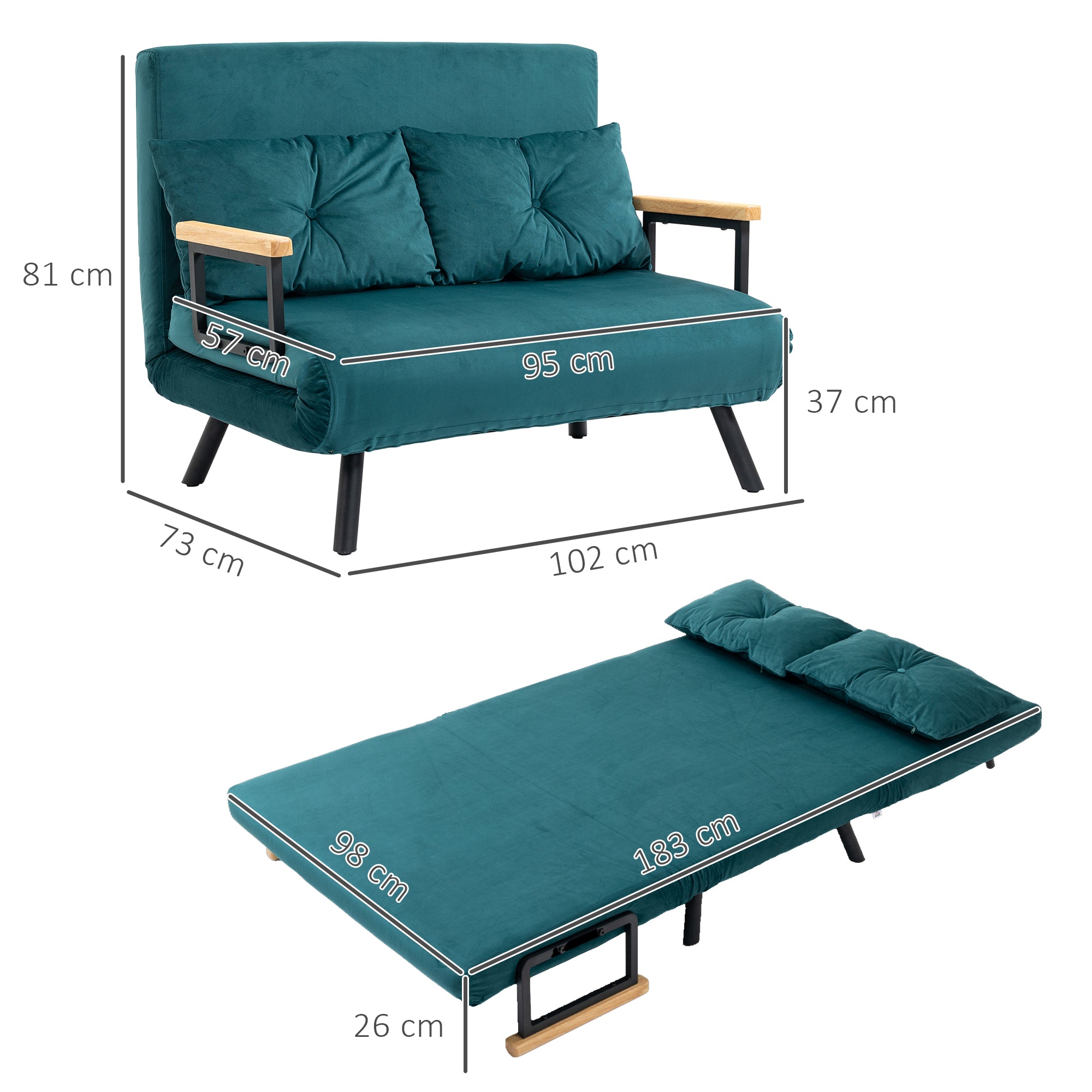 2-Seater Convertible Sofa Folding Sofa Bed with 5 Adjustable Backrest Levels and 2 Padded Cushions, Velvet Effect Fabric for Living Room, Guest Room, 102 x 73 x 81 cm, Dark Blue