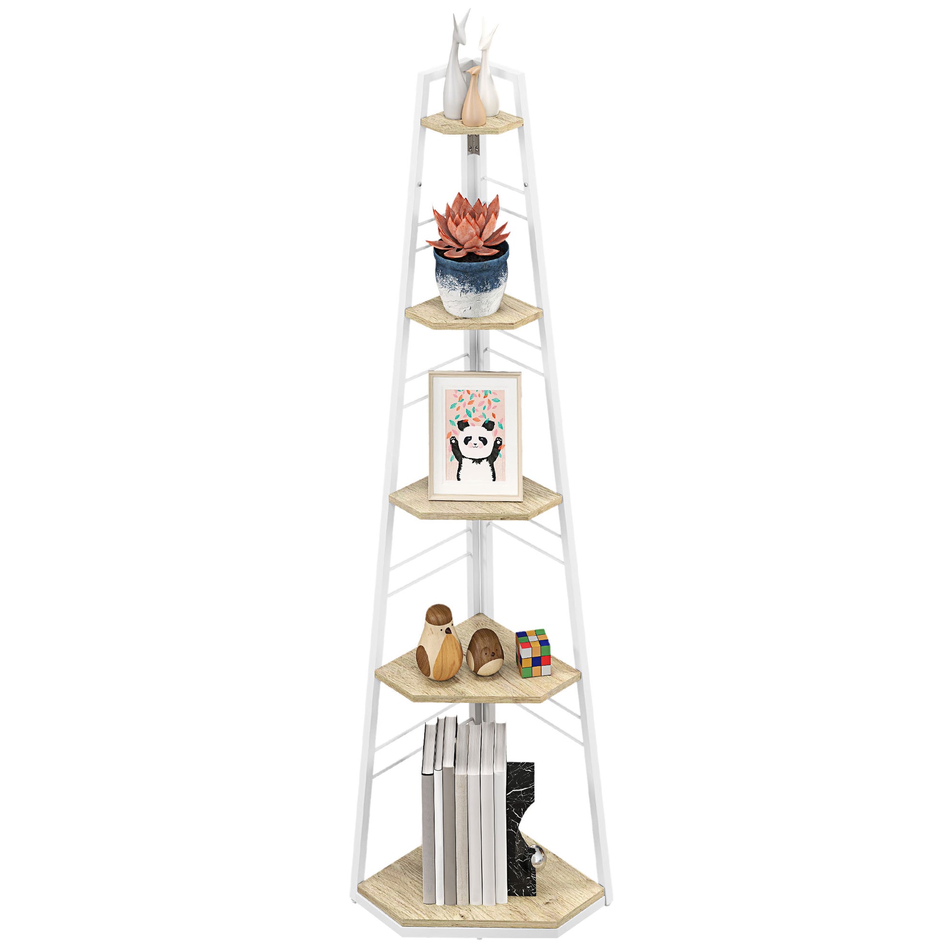 5-Tier Corner Bookcase, Modern Foldable Shelf with Adjustable Feet, Steel and Wood Bookshelf, 37.5x37.5x160 cm, Wood Color