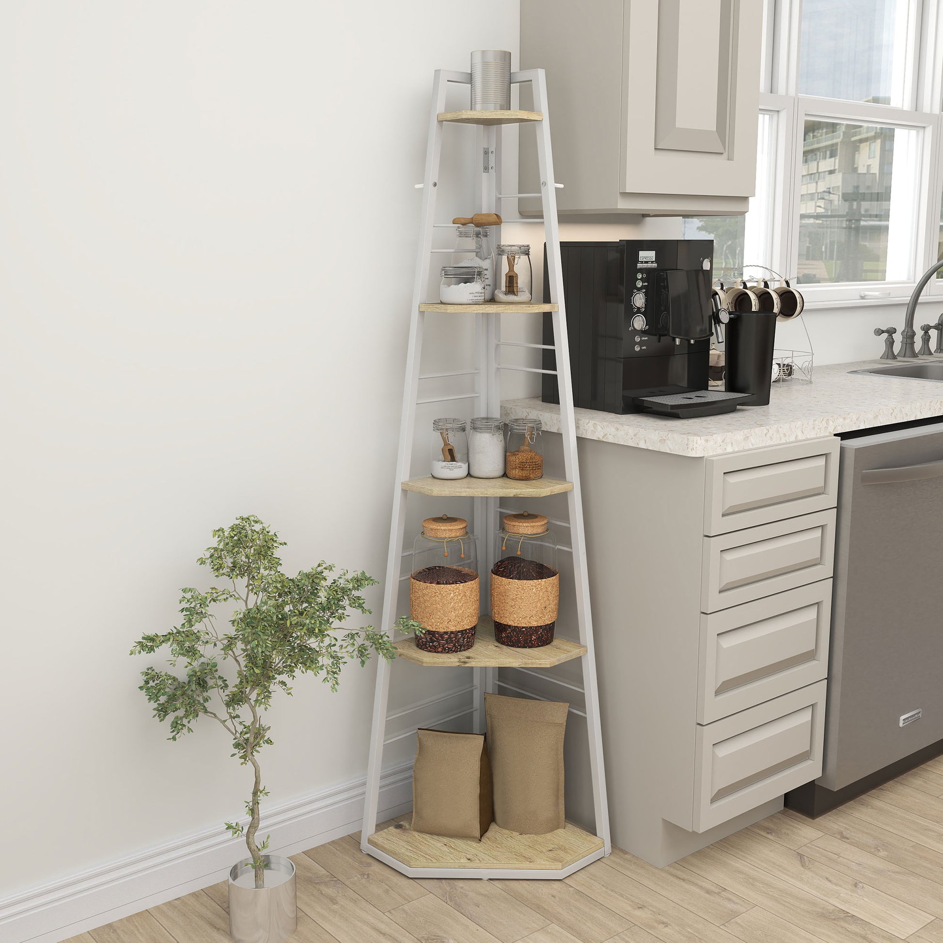 5-Tier Corner Bookcase, Modern Foldable Shelf with Adjustable Feet, Steel and Wood Bookshelf, 37.5x37.5x160 cm, Wood Color