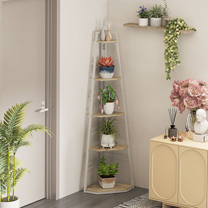 5-Tier Corner Bookcase, Modern Foldable Shelf with Adjustable Feet, Steel and Wood Bookshelf, 37.5x37.5x160 cm, Wood Color